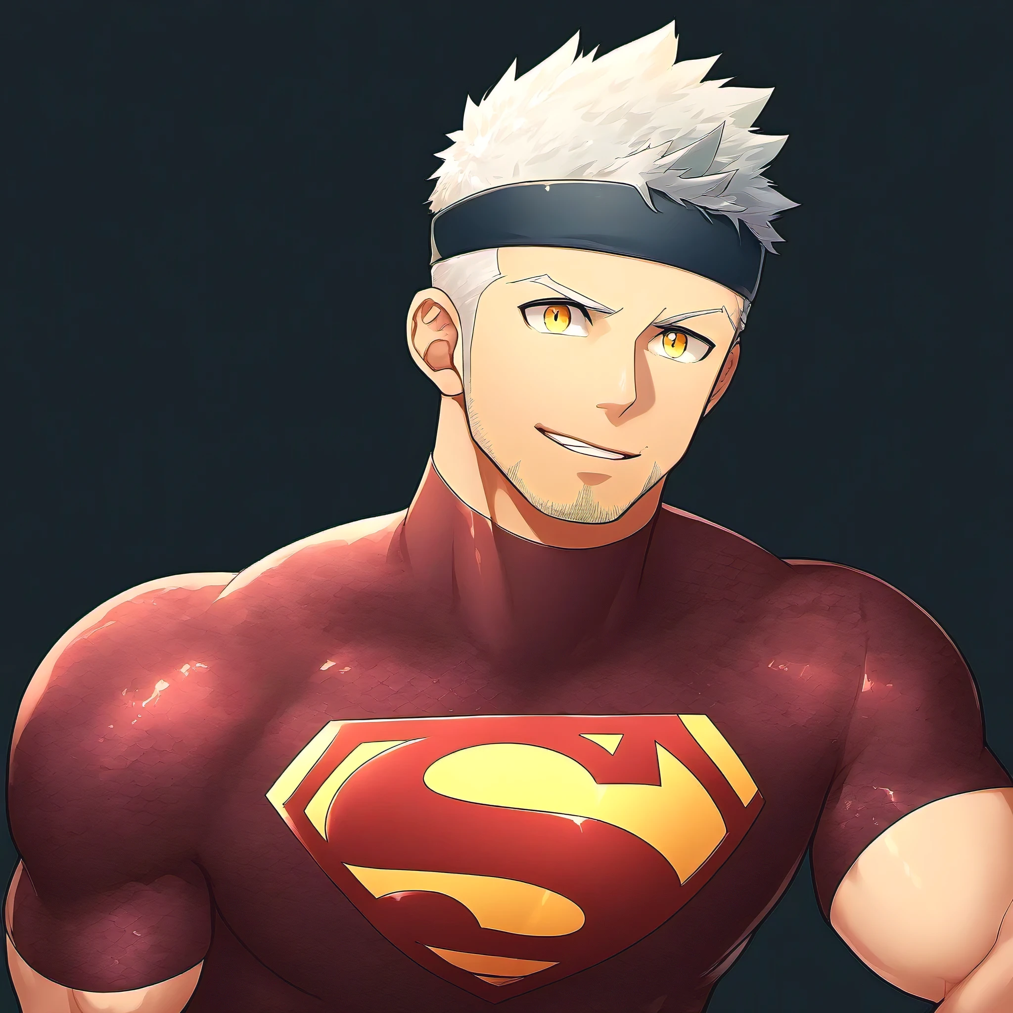anime characters：Guy, priapus, ung muscular man, male focus, Sporty black headband, Burgundy Turtle Neck Skinny Superman T-Shirt, Shiny snakeskin textured T-shirt, Shining highlights, superman logo, muscular male, muscular, only, Upper body, alone, white short hair, stubble, yellow eyes, blink, black background, Simple background, amazing quality, best aesthetics, ridiculous, bright pupils, short hair, naughty face, torogao, open lips, best quality
