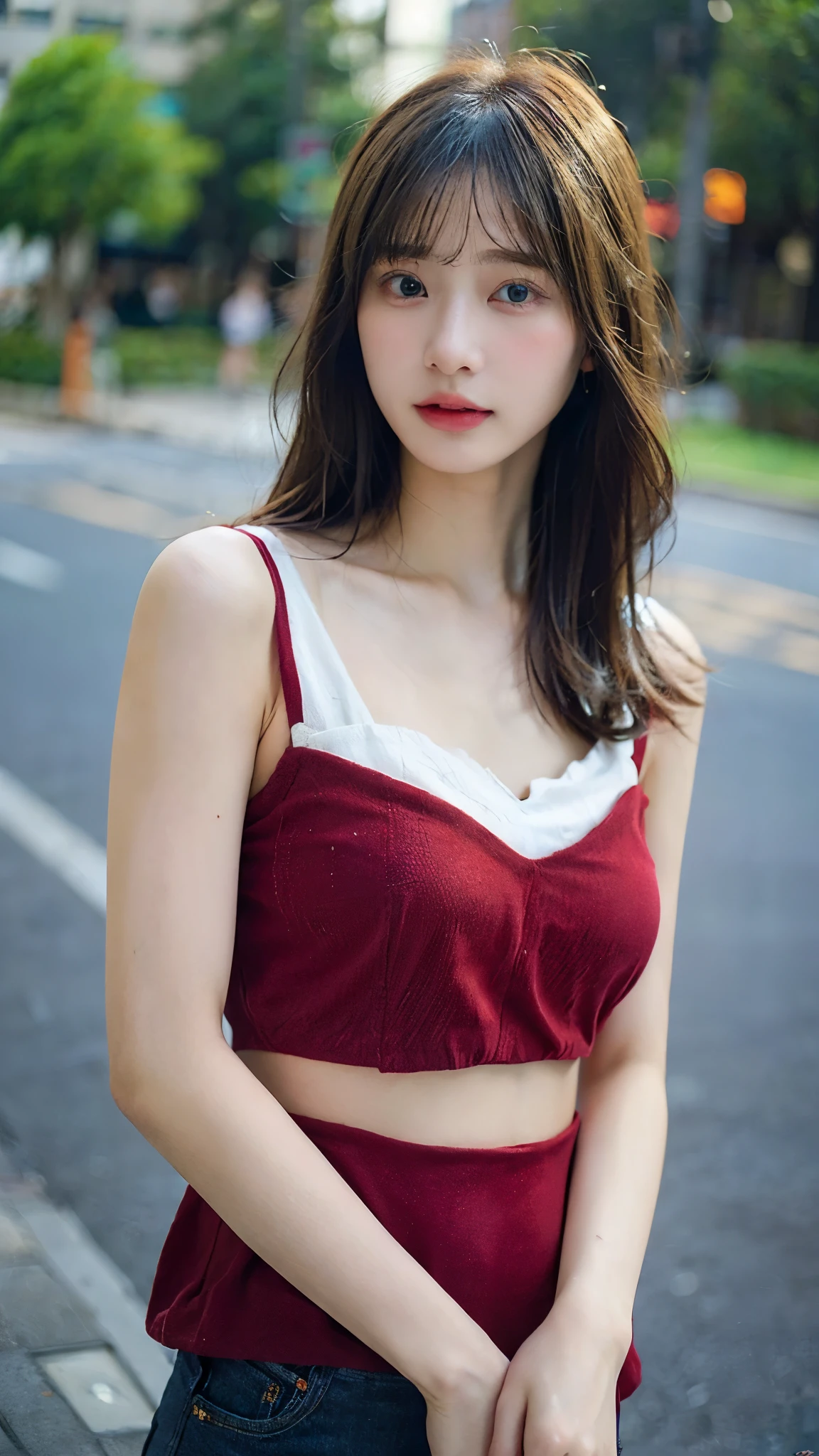 (photorealistic:1.8),(bokeh:0.3),((((film grain)))),(masterpiece:1.2),(highest quality:1.2),8k,raw photo,High-quality texture,detailed texture, Girl in thin low cut camisole and tight denim shorts poses for photo、full body、sexy dress、Slim body、(((big breasts)), cleavage, park,)、Slim Girl Model、24 year old female model、Beautiful body Highly detailed face　Facing the front　Navel out　red dress　Shabby dress　Shabby string camisole　Only the strings are too short camisoles　dress that are too short　genitals are visible　Low-rise dress　Scanty　hot panties　Show all your beautiful body