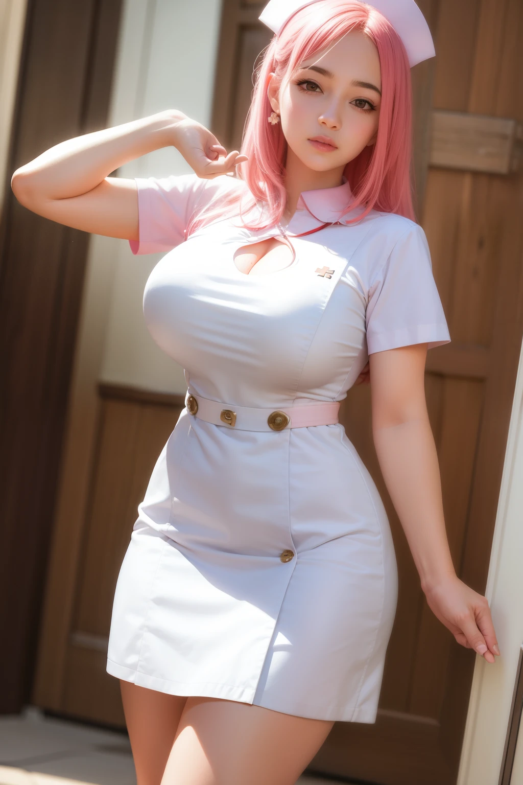 masterpiece, best quality, realistic, 1girl, nurse, thick thighs, f-cup breast, dress view, (PureErosFace_V1:0.6), pink hair