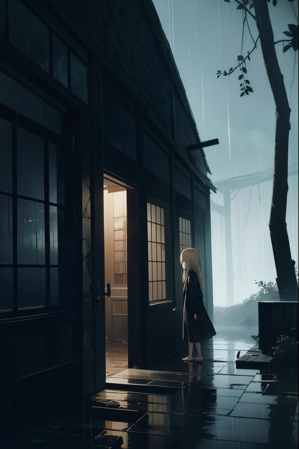 A dilapidated building surrounded by forest,night,rain,dark,Blonde, barefoot girl in a black raincoat in the distance,