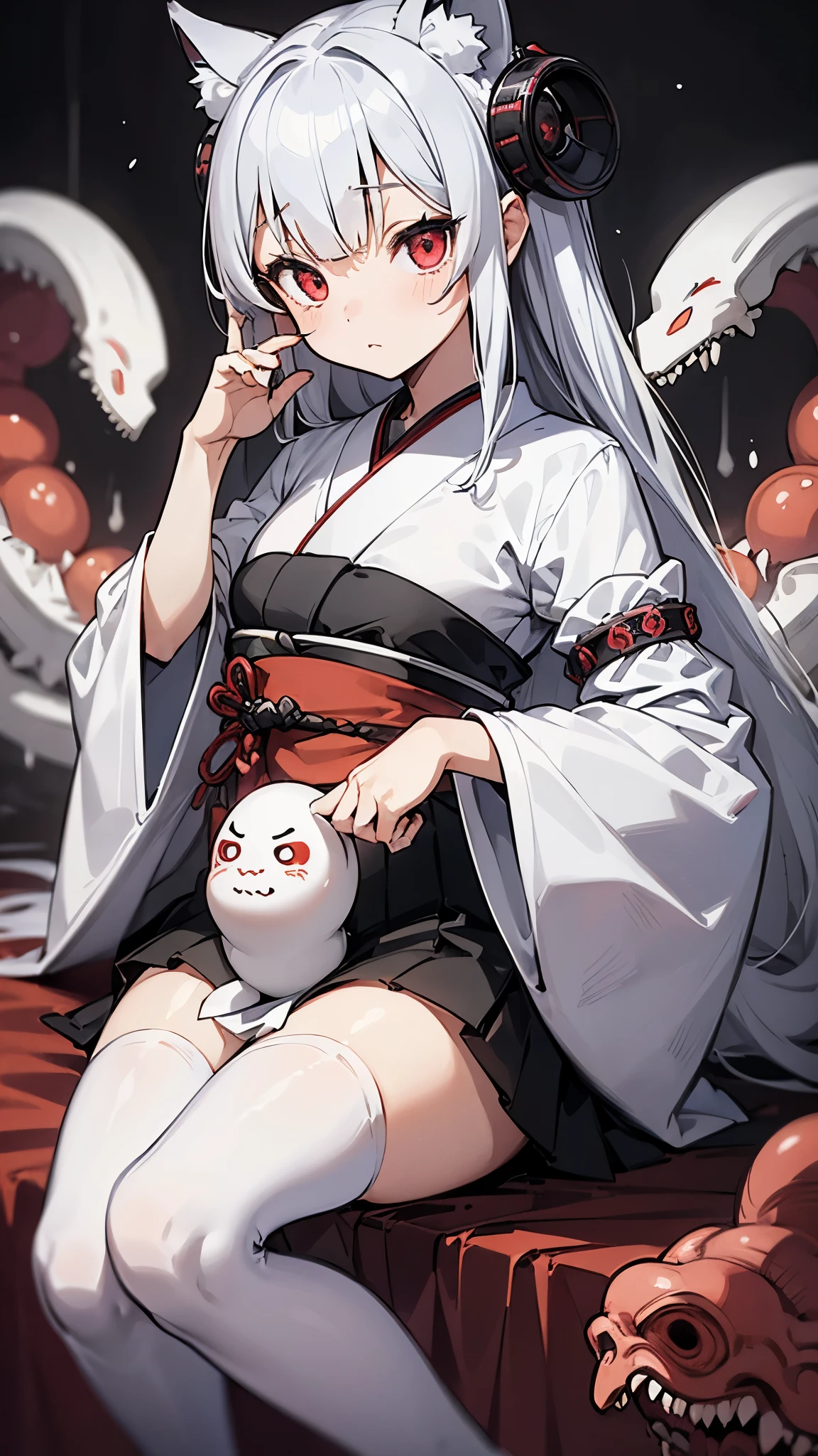 (1 girl:1.2), solo, himecut,traditional japanese clothes, red eyes,cartoon style, joe fenton, a black and white photo of deadpan, camping, unbecoming, gnawling, envy, Ghast (Lovecraftian),calm, soft smile, Wayne Barlowe,, in gochuumon wa usagi desu ka? style, nostalgic