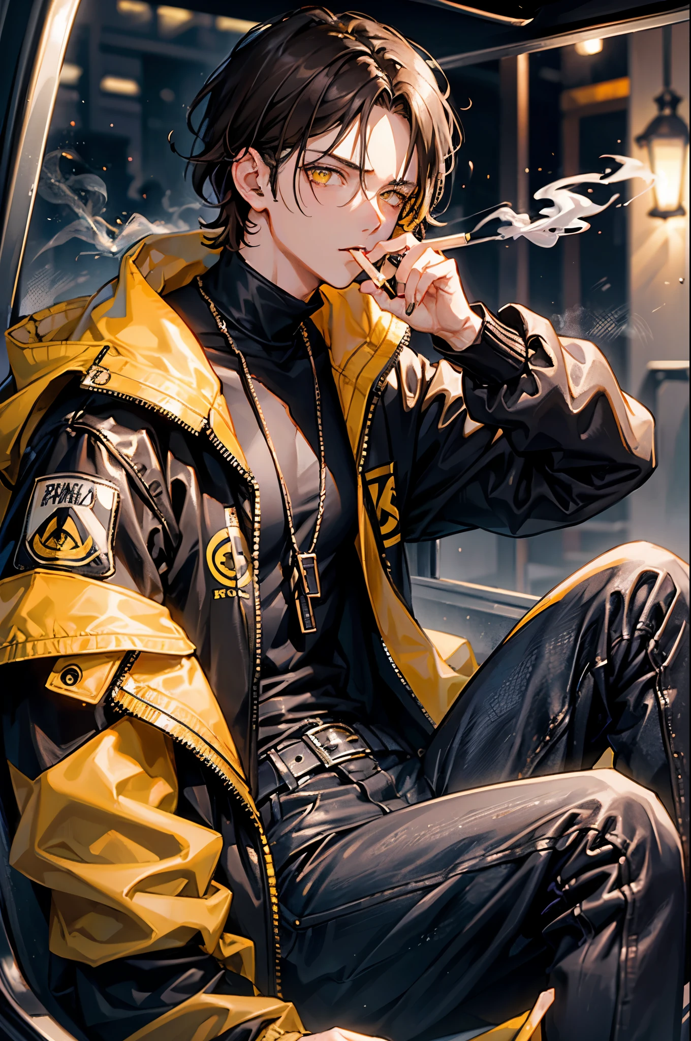 1boy, male, mature, mid 20s, yellow eyes, smoking a cigarette, eye bags, goth, messy brown hair, glaring, black and yellow jacket, racing jacket, from the waist up