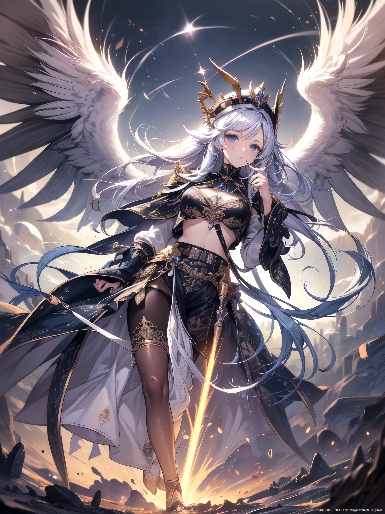 Futuristic angel, cleavage, showing alot of skin, skimpy armor, halo, divine, many wings