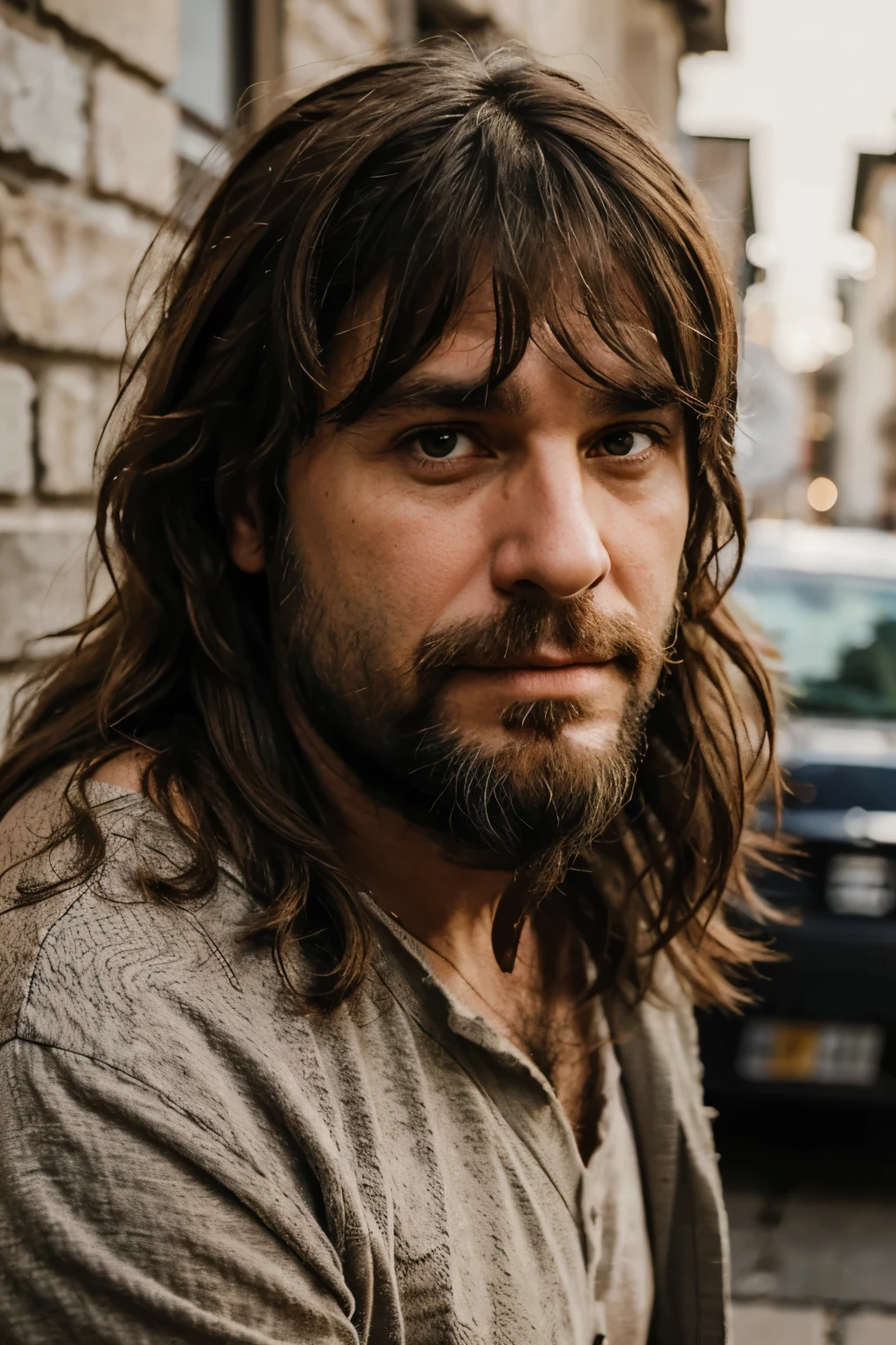 a sad, funny looking middle age man with a shaggy long hair and beard