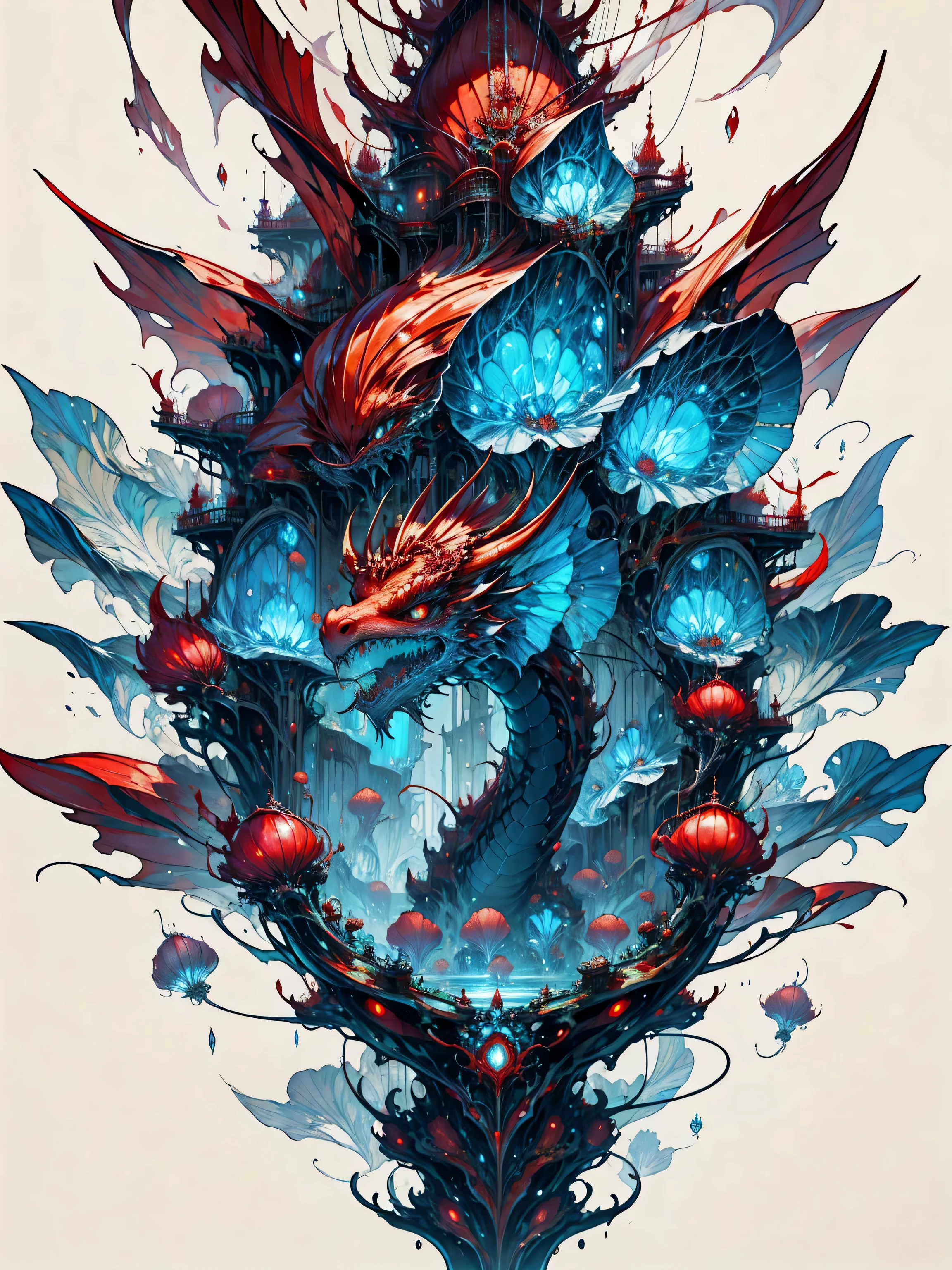 red fire dragon，red fire dragon combined with jellyfish，Jellyfish structure，HD，Ultra-clear