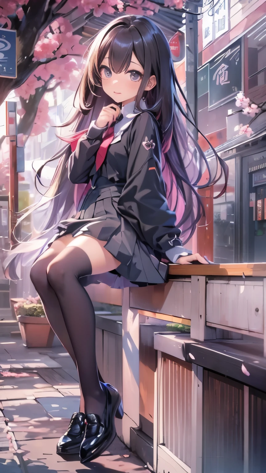 ((best quality)), ((masterpiece)), (detailed), (High contrast natural side daylight, Dynamic lighting, movie lighting), anime style, (((whole body))), Cute Japanese girl, ((Carrying the camera behind your back, Look back)), perfect body structure:1.0, attractive body shape, Smooth and fair skin, (((Extra long)))Black slightly wavy hair, Long hair blowing in the wind, ((Super fine hair quality)), ((Shocking hair quality)), ((perfect hair quality)), Long and sexy legs, (((perfect feet品質))), (((Perfect hand quality))), Looks cute, long eye hair, thin eyebrows, big eyes, dark brown pupils, Slightly blush, Smile, Rimless glasses
((symmetrical clothes, Uniforms, white collar shirt, Black pleated student skirt，dark stockings, Dark student shoes)), Perfect clothing texture, perfect feet, (Beautiful scenery), (Breeze outdoors), Peaceful Japanese city broad streets, spring morning, ((Cherry blossoms)), whole body影像, ((Perfect composition)), highlight the subject, (((Eye level photography:1))), (Careful depiction of environmental details:1.5), Depth of field control, ((Turn down color saturation:1.2)), (Japanese style photos:0.3),