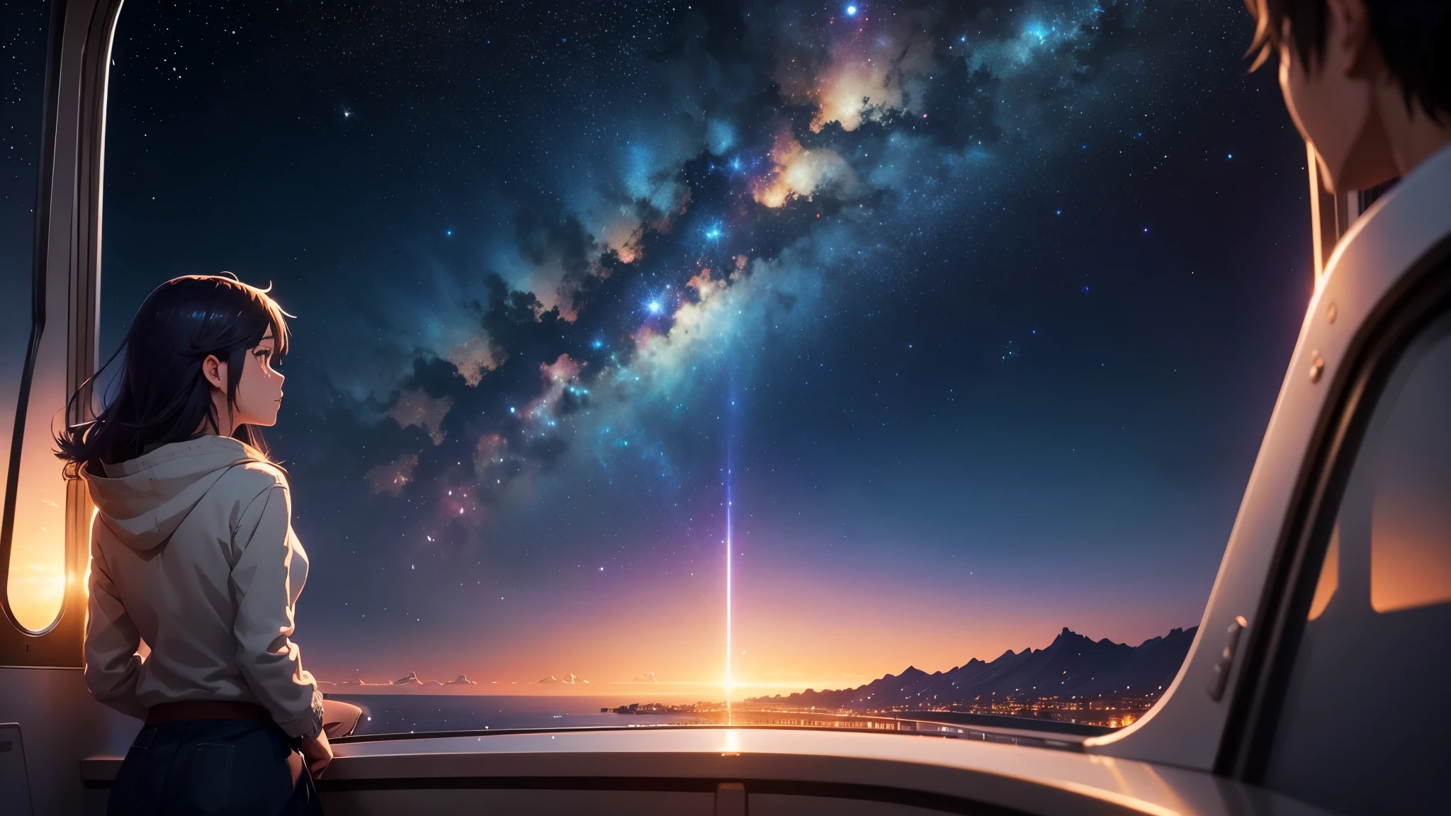 Starry sky with a girl looking at the stars, girl looks at the space, anime girl with cosmic hair, cosmos sem fim no fundo, girl in space, beautiful girl on the horizon, Makoto Shinkai Cyril Rolando, looking out into the cosmos, Anime art wallpaper 4k, Anime art wallpaper 4 K, Anime art wallpaper 8 K, on a galaxy looking background、and soul、By Shinkai Makoto、Vision、landscape、vanishing point、outrageous solution、High resolution、super detailed、The upper half represents the universe、Below is the sea、fantasy、magic、big、prisma、beautiful lighting、bright lighting、soft lighting、Lots of sparkling magic lights、rainbow light、(spark:0.7)、A masterpiece of high quality, landscape,bright starry sky. romantic train, pixiv, concept art, Lofiato style, reflection. by Makoto Shinkai, Lofiato, beautiful anime scene, Anime landscape, Detailed landscape - width 672, (((in Makoto Shinkai's style))), Enhanced details、Anime wallpaper of a girl looking at the sky and starry view,