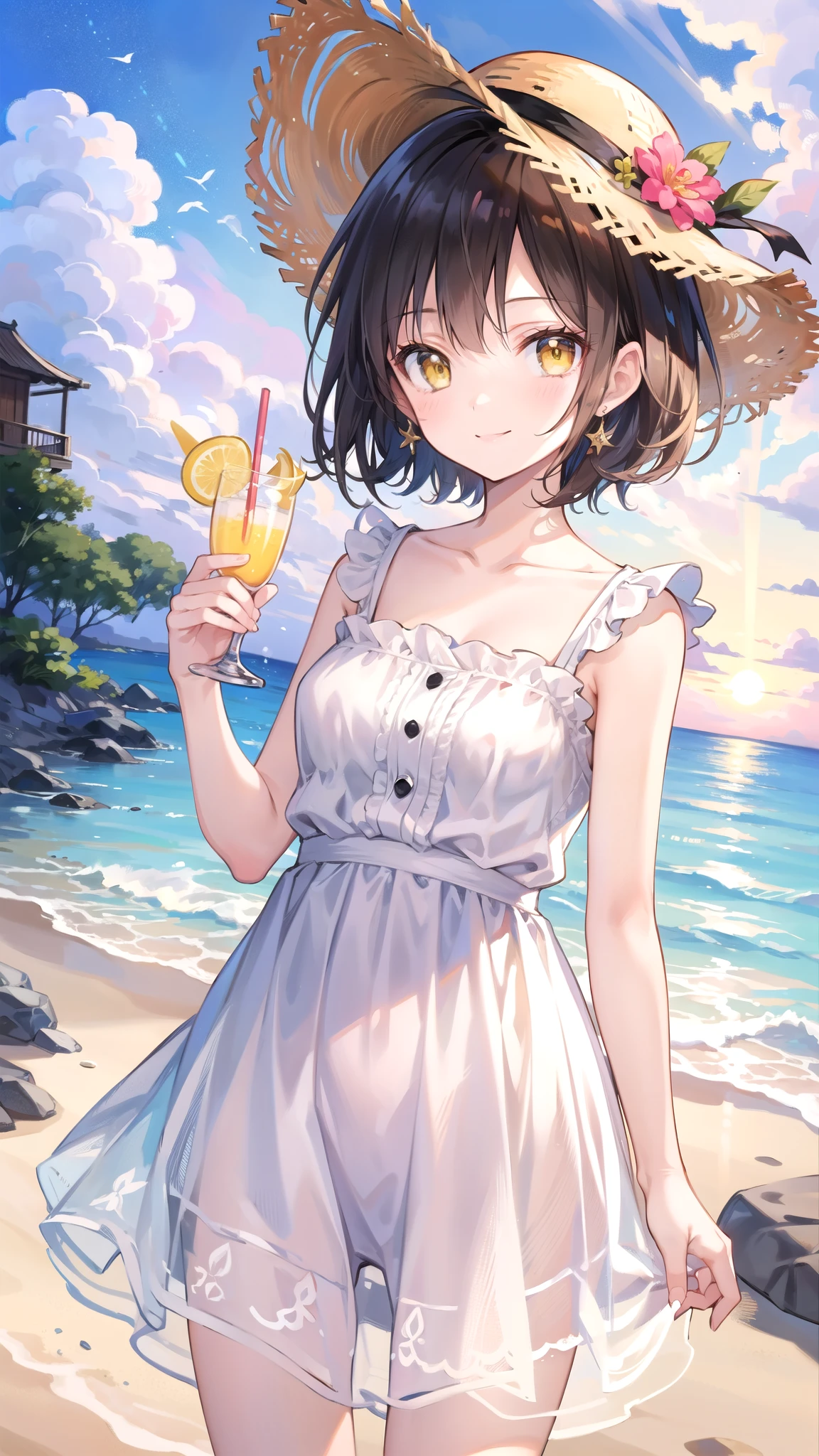 (masterpiece)、(highest quality)、(Super detailed)、(beautiful illustrations)、(pretty girl)、1 girl、black hair、short hair、yellow eyes、、white dress、straw hat、cute smile、sandy beach、evening、sunset、