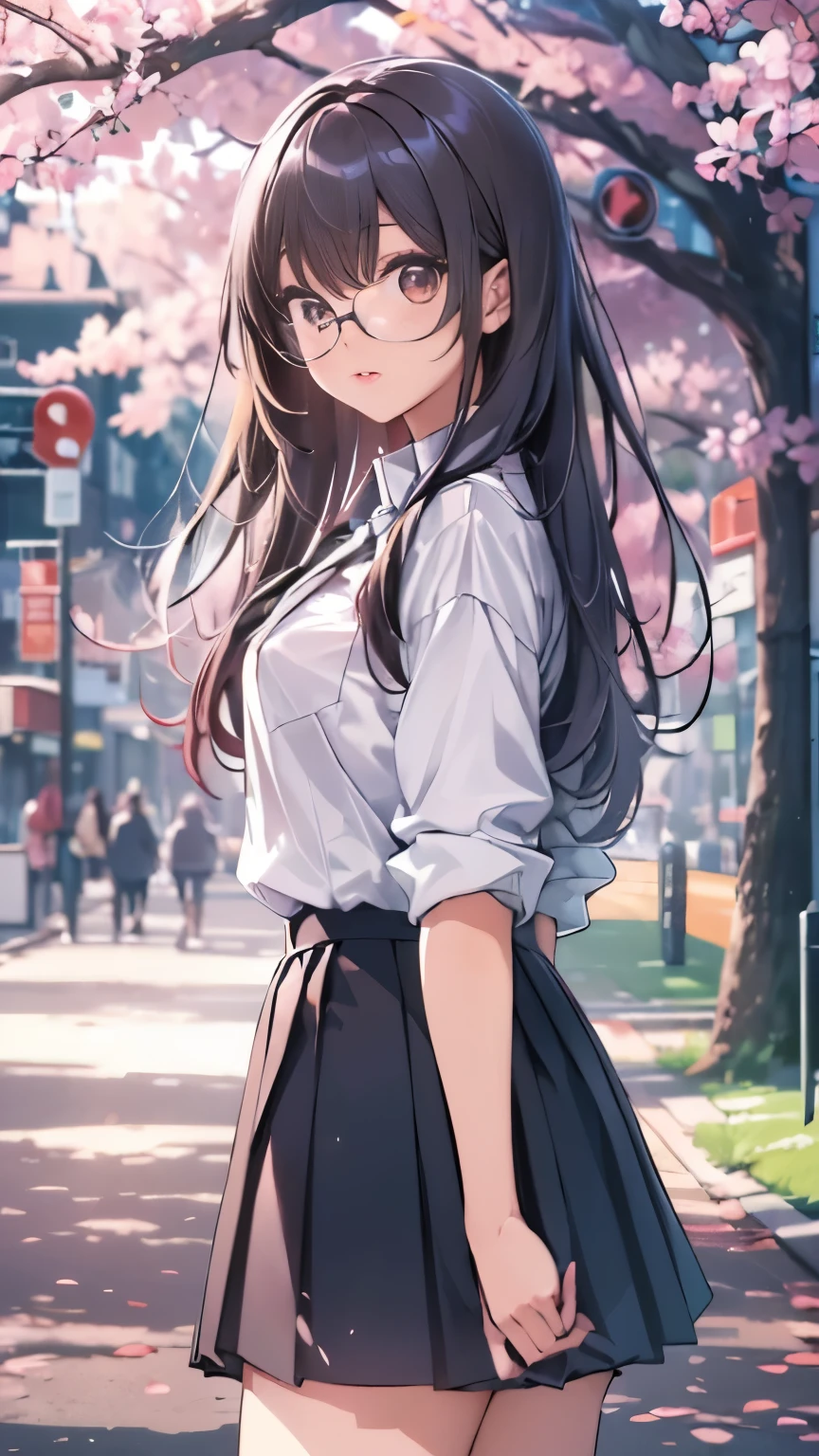 ((best quality)), ((masterpiece)), (detailed), (High contrast natural side daylight, Dynamic lighting, movie lighting), anime style, (((whole body))), Cute Japanese girl, ((Carrying the camera behind your back, Look back)), perfect body structure:1.0, attractive body shape, Smooth and fair skin, (((Extra long)))Black slightly wavy hair, Long hair blowing in the wind, ((Super fine hair quality)), ((Shocking hair quality)), ((perfect hair quality)), Long and sexy legs, (((perfect feet品質))), (((Perfect hand quality))), Looks cute, long eye hair, thin eyebrows, big eyes, dark brown pupils, Slightly blush, Smile, Rimless glasses
((symmetrical clothes, Uniforms, white collar shirt, Black pleated student skirt,dark stockings, Dark student shoes)), Perfect clothing texture, perfect feet, (Beautiful scenery), (Breeze outdoors), Peaceful Japanese city broad streets, spring morning, ((Cherry blossoms)), whole body影像, ((Perfect composition)), highlight the subject, (((Eye level photography:1))), (Careful depiction of environmental details:1.5), Depth of field control, ((Turn down color saturation:1.2)), (Japanese style photos:0.3),
