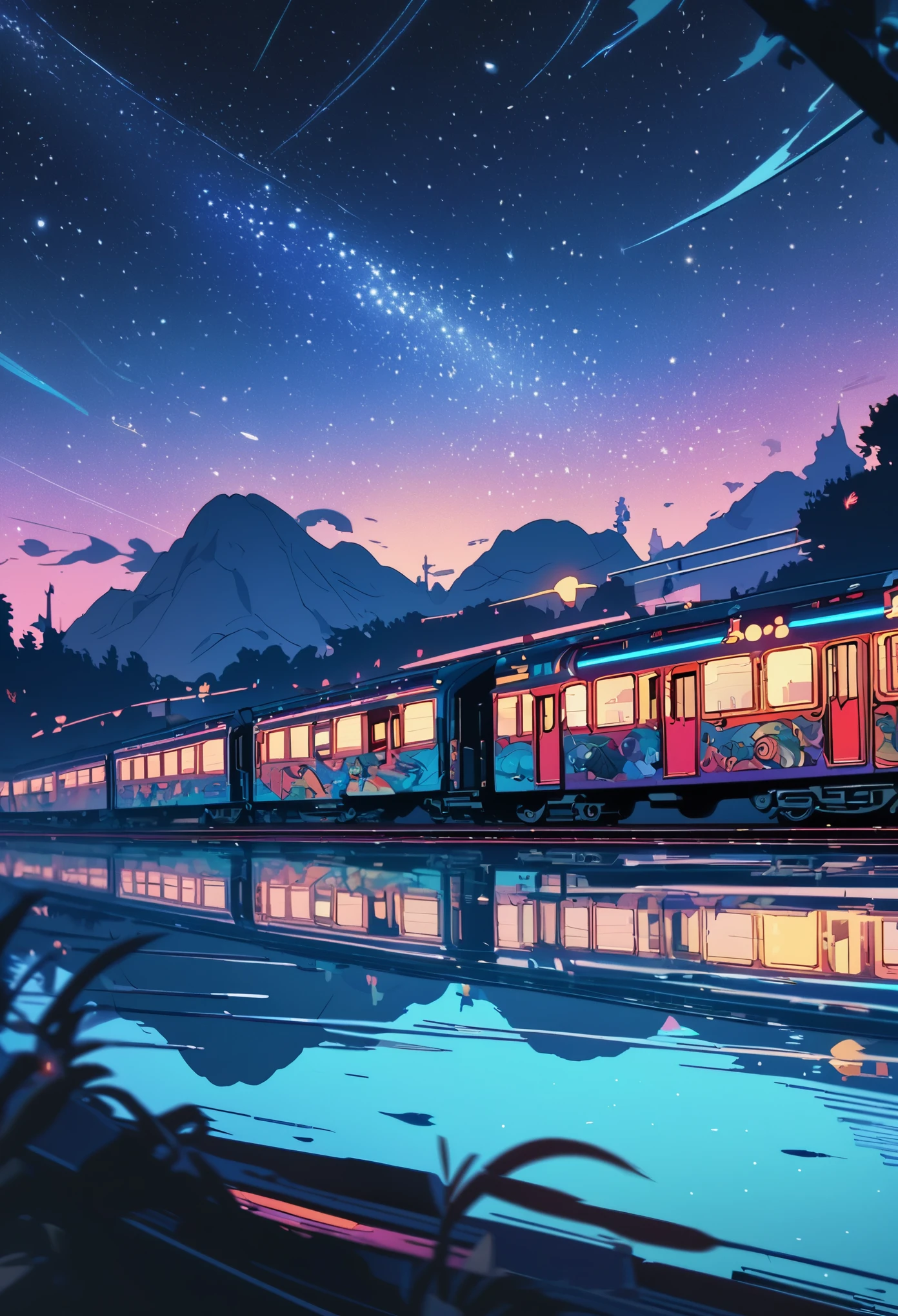 masterpiece, Cartoon train passing through body of water on rails, bright starry sky. romantic train, Xin Haicheng的图片, Colorful and bright,high saturation,high contrast, concept art, Lofi Art style, ((reflection)). author:Xin Haicheng, Lofi Art, beautiful anime scene, anime scenery, Detailed Landscape—Width 672, Xin Haicheng的风格, Xin Haicheng的风格, Enhance details.