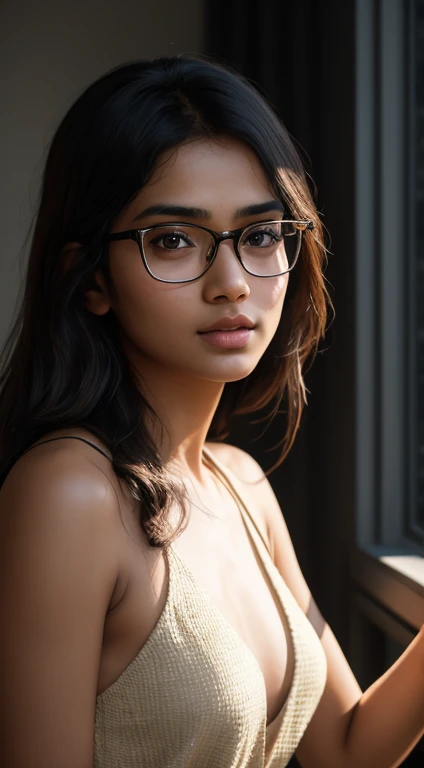 ((beautiful)+(attractive:0.9)+(sensual:0.8)) white indian women ((nerd:0.8)+(lovely)+(clean skin)) with hazel eyes and red lips. Medium brown hair, ((intense eyes))