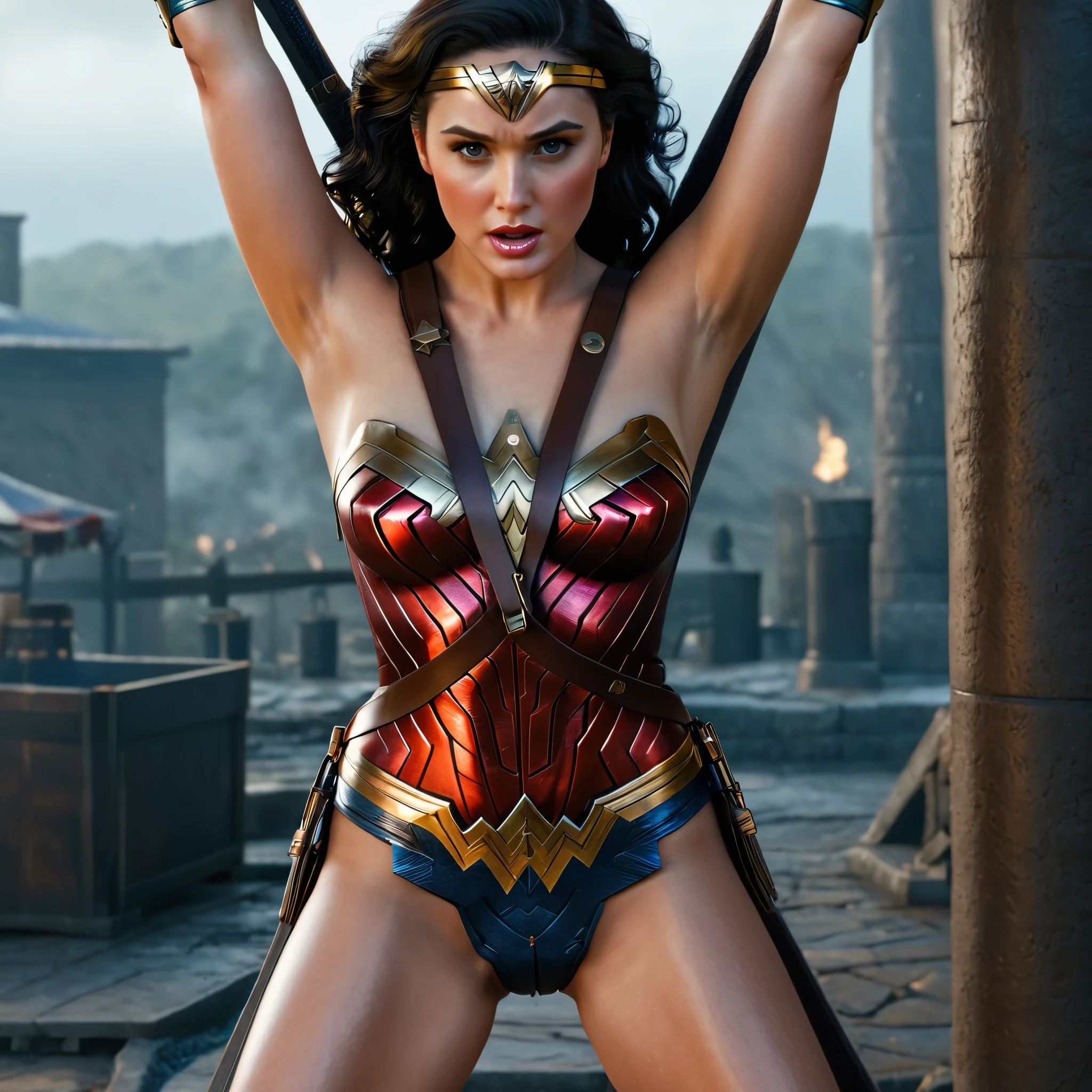 A beautiful sexy , Wonder Woman (detailed realistic,4k,highres,masterpiece:1.2), bound (standingspreadeagle)