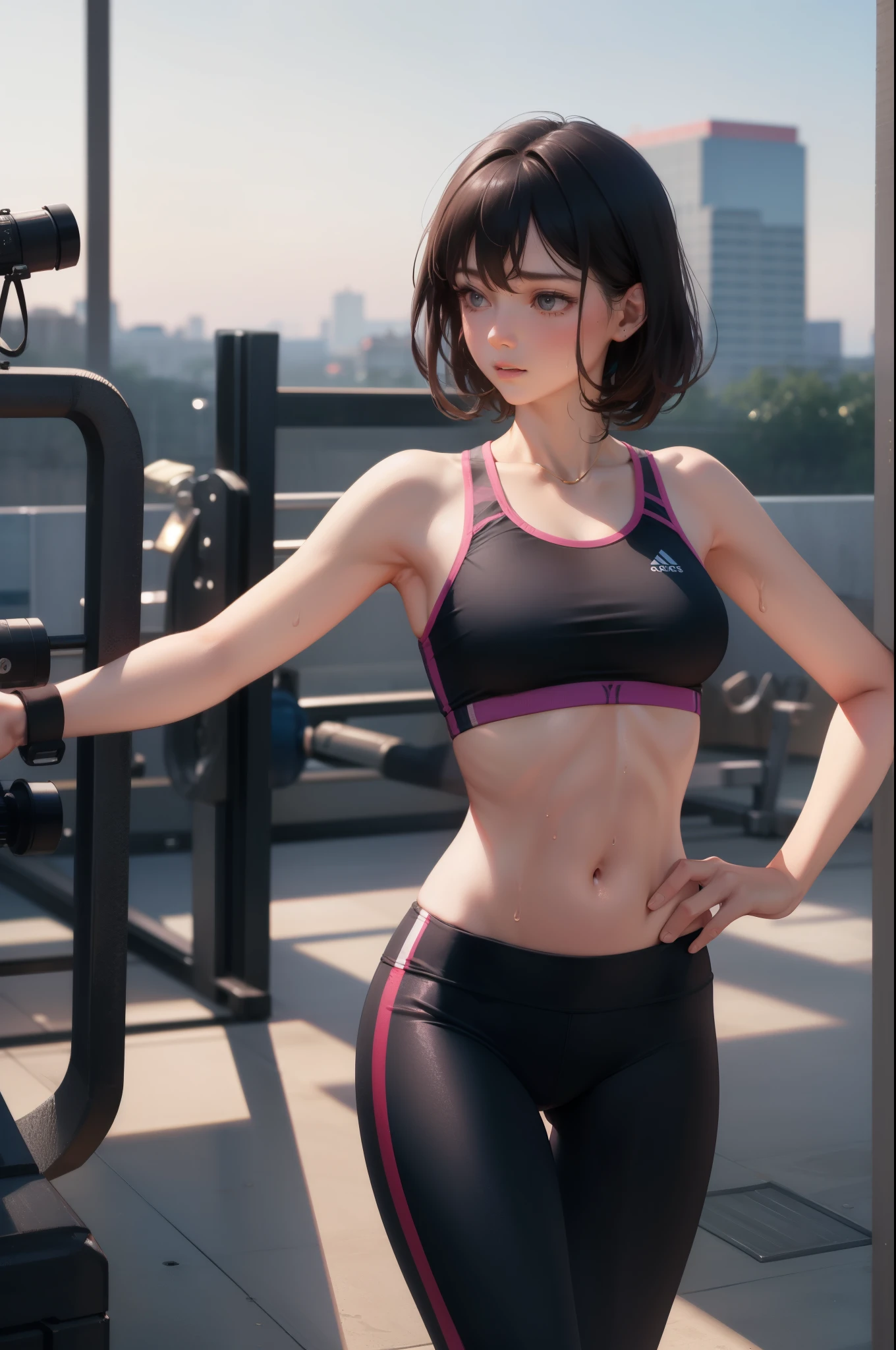 Masterpiece, 4K, sportswear, gymtastic_yoga_croptop, (multiple straps:1.1), woman wearing gymtastic_yoga_croptop,  contrast, analog style, high quality picture, photorealistic, taken by a camera with an expensive lens , women sweating, see though clothing