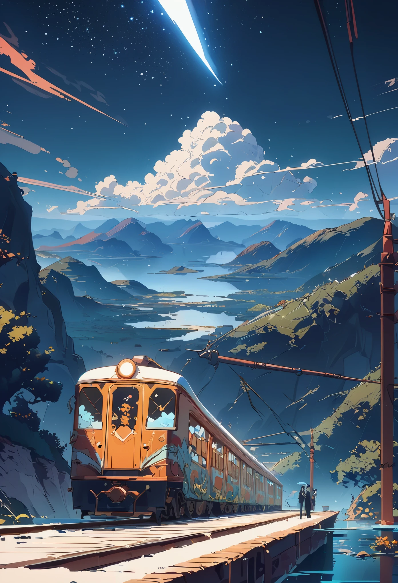 masterpiece, Cartoon train passing through body of water on rails, bright starry sky. romantic train, Xin Haicheng的图片, pure, concept art, Lofi Art style, reflection. author:Xin Haicheng, Lofi Art, beautiful anime scene, anime scenery, Detailed Landscape—Width 672, Xin Haicheng的风格, Xin Haicheng的风格, Enhance details.