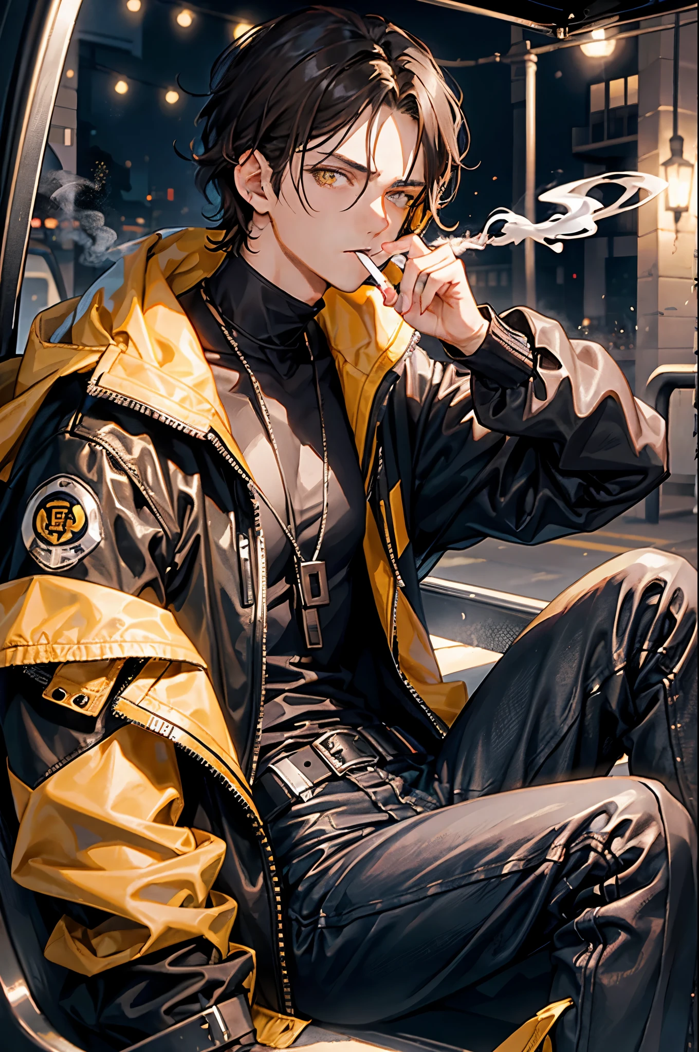 racing jacket, baggy jacket, gold eyes, eye bags, face piercings, black necklaces, glaring, smoking a cigarette, goth