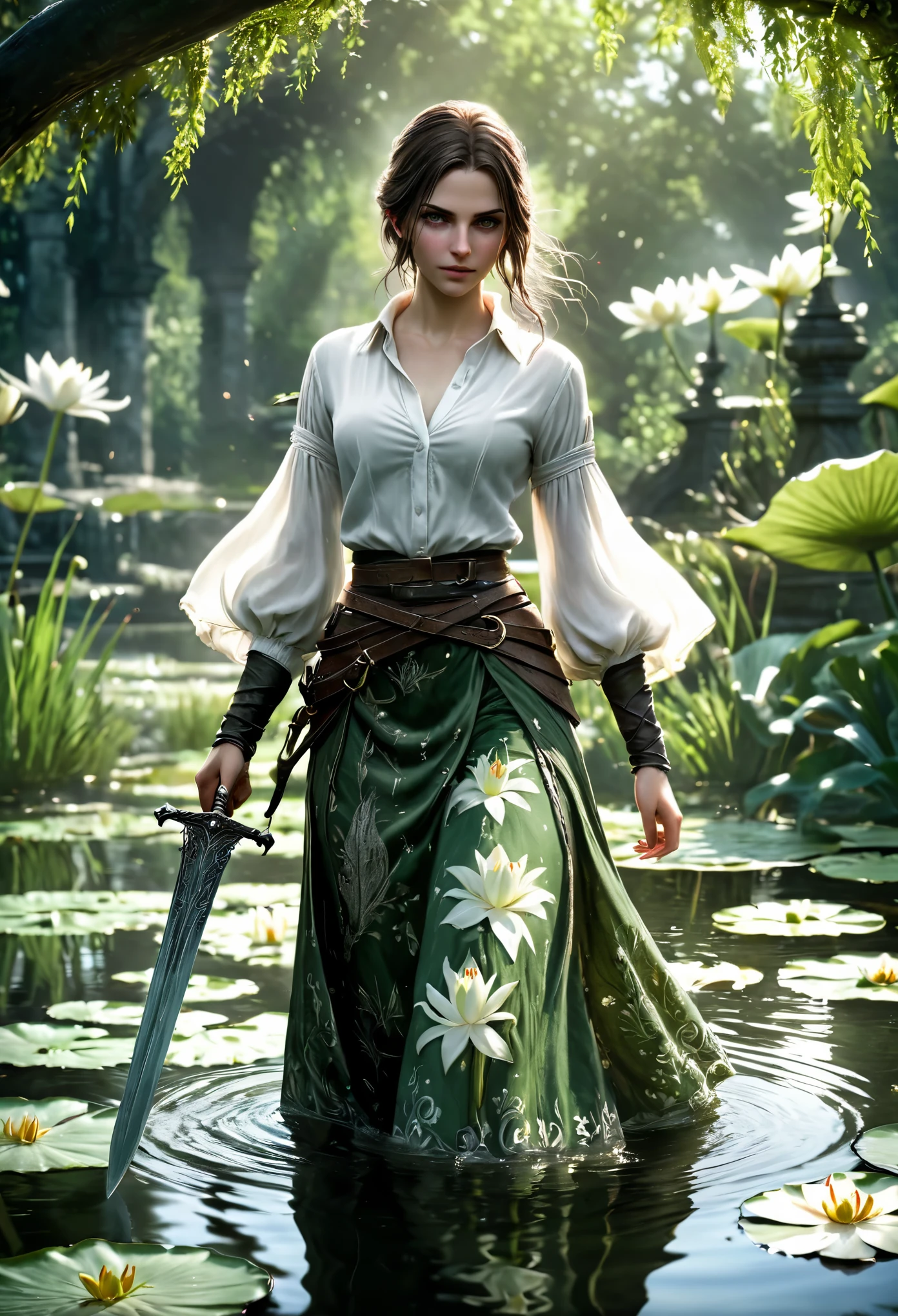 Bloodborne ~ Dark Souls 3 ~ Elden Ring ~ ultra detailed, A Gorgeous brunette, in white open shirt, green flowery pattern skirt, walking along a lively pond with lily pads. action pose holding a sword. blushing, teasing, Alluring. highly stylized. depth of field, bokeh effect, backlit, stylish, elegant, breathtaking, visually rich, masterpiece full body shot.