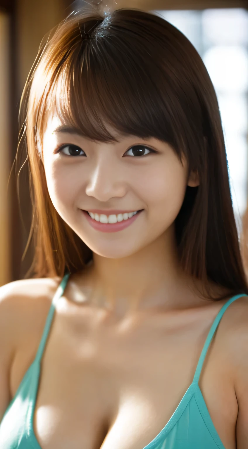 masterpiece,best quality,(Japanese ),((Beautiful girl)),cleavage,indoor,(perfect body beauty:1.2),(shy smile),beautiful teeth,