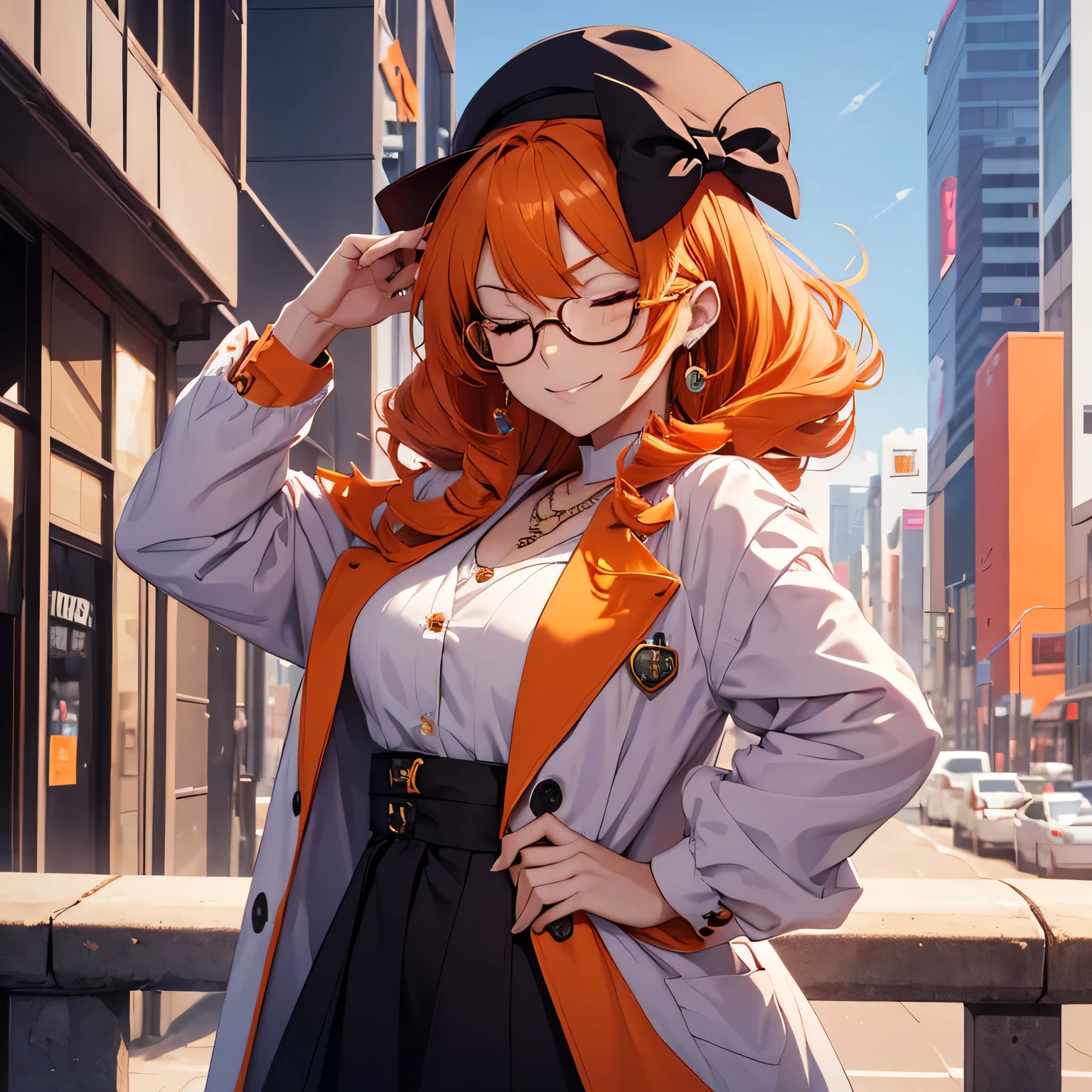 1girl, solo, yorigami jo'on, orange hair, drill hair, eyewear on head, orange eyes, jewelry, bow, white dress, purple jacket, pendant, earrings, hat, standing, hand on hip, looking at viewer, one eye closed, smirk, outdoors, city