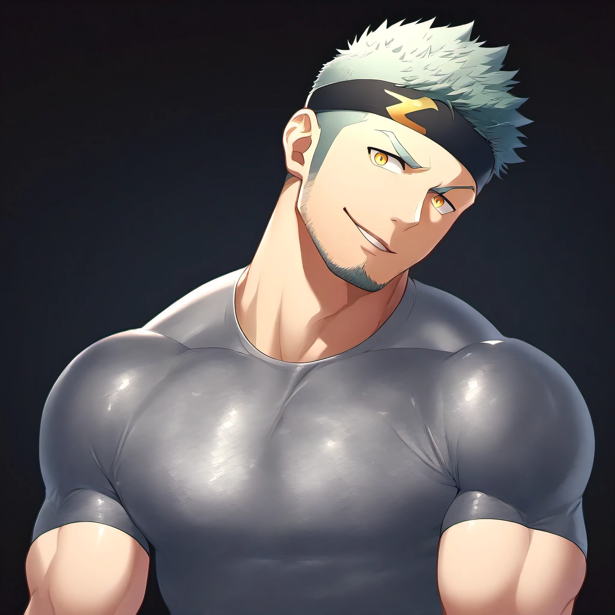 anime characters：Guy, priapus, 1 young muscular man, male focus, Sporty black headband, Silver-gray turtleneck tight-fitting Superman T-shirt, Shiny snakeskin textured T-shirt, superman logo, muscular male, muscular, only, Upper body, alone, white short hair, stubble, yellow eyes, blink, black background, Simple background, amazing quality, best aesthetics, ridiculous, bright pupils, short hair, naughty face, torogao, open lips, shadow, best quality