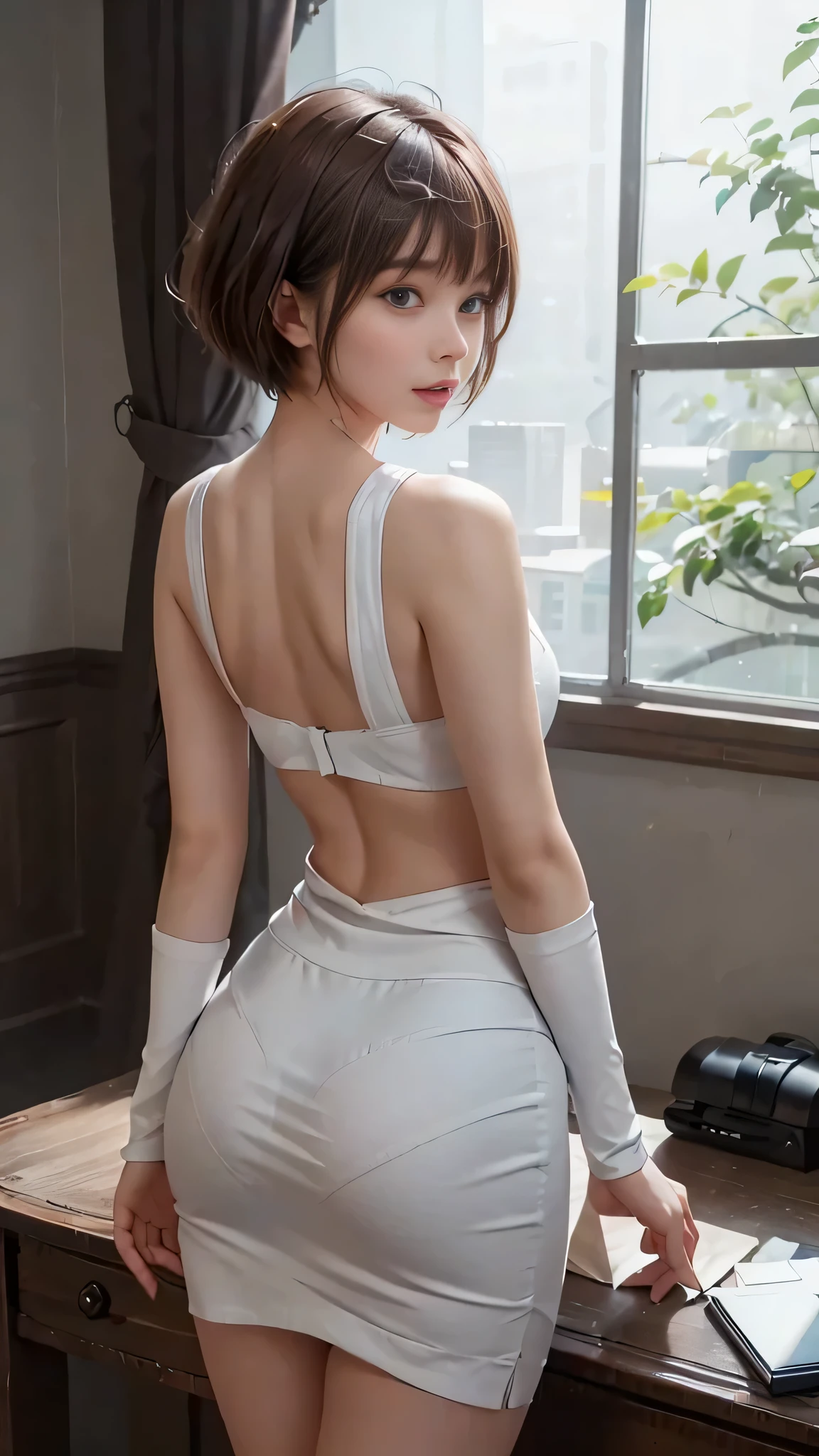 (close:1.4)、(RAW shooting:1.2)、(realistic:1.4)、(masterpiece:1.3)、(highest quality:1.4)、alone、(beautiful woman with perfect body:1.4)、7 head and body、sexyでとても美しい素敵なゴージャスフェイス、the most beautiful face in the world、small face beauty、(full body shot)、(pieces fly)、(look at me)、brown eyes、(short hair with bangs:1.2)、(office suit、white clothes、dark gray tight skirt)、high heels、(thin waist:1.2)、(beautiful little ass:1.3)、(stick out your butt)、beautiful back、put your hand on the wall、backwards、angle from behind、You can clearly see the shape of your butt、Inviting, gestures、sexy、naked ass、Excited、(show me your butt)、exposure behavior、Ass to show、(beautiful thighs)、(perfect anatomy:1.2)