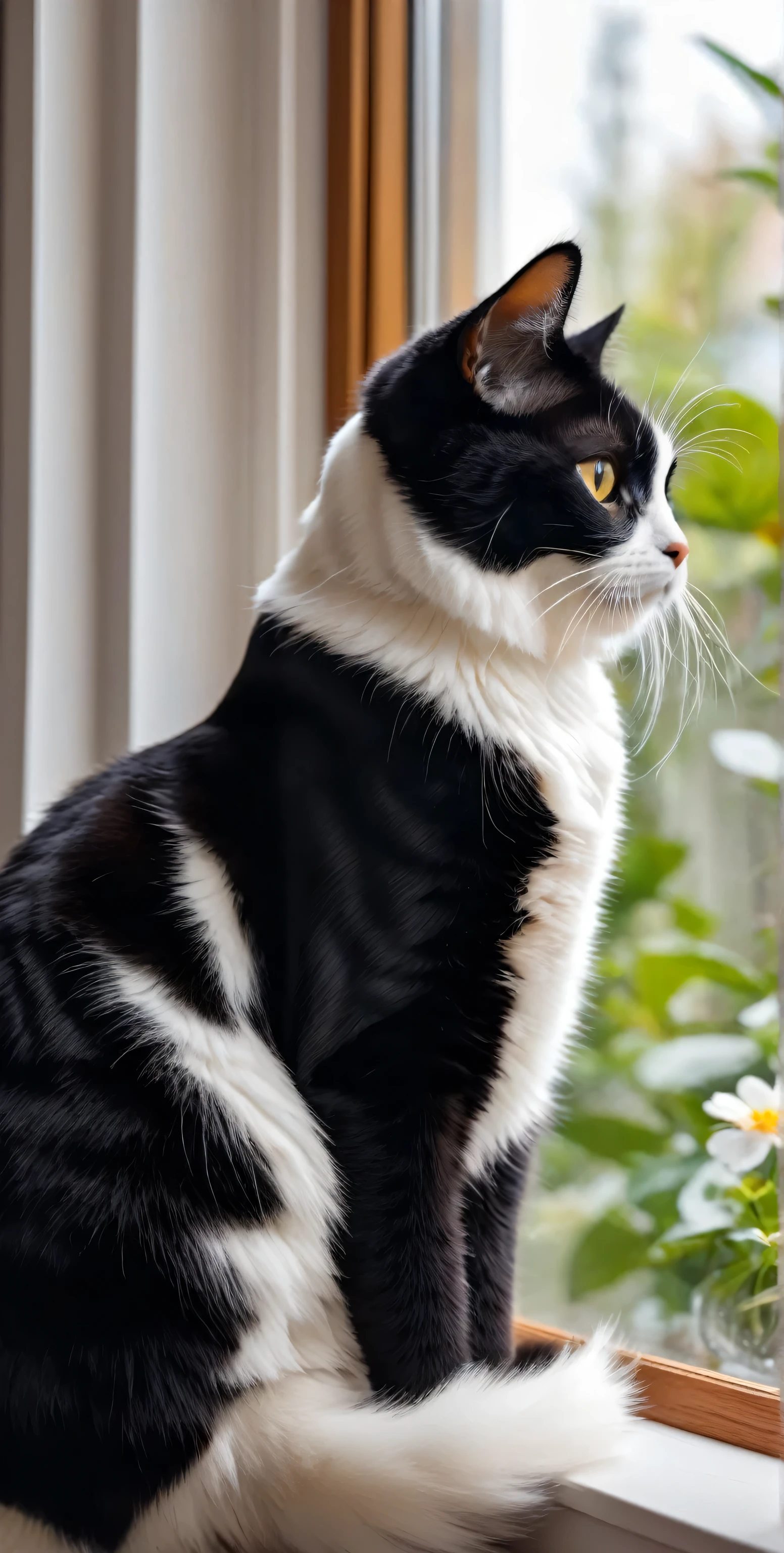 ((black and white honey cat sitting))looking out the window,indoor,masterpiece,highest quality,cute,Futebuteshi,fun,happiness,,stylish natural interior,anatomically correct,
