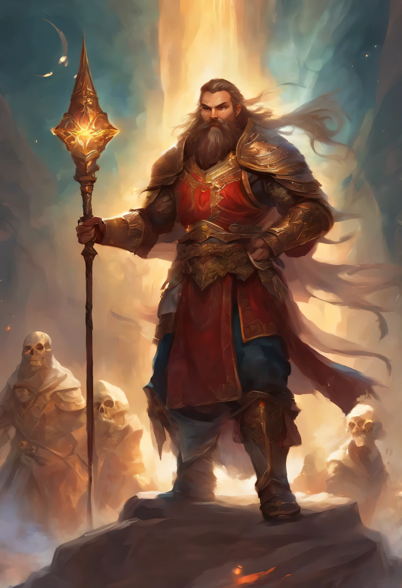 A male dwarf cleric, de cabelo e barba vermelha, dentro de uma masmorra, alone holding a star mace fighting skeletons in fantasy RPG style