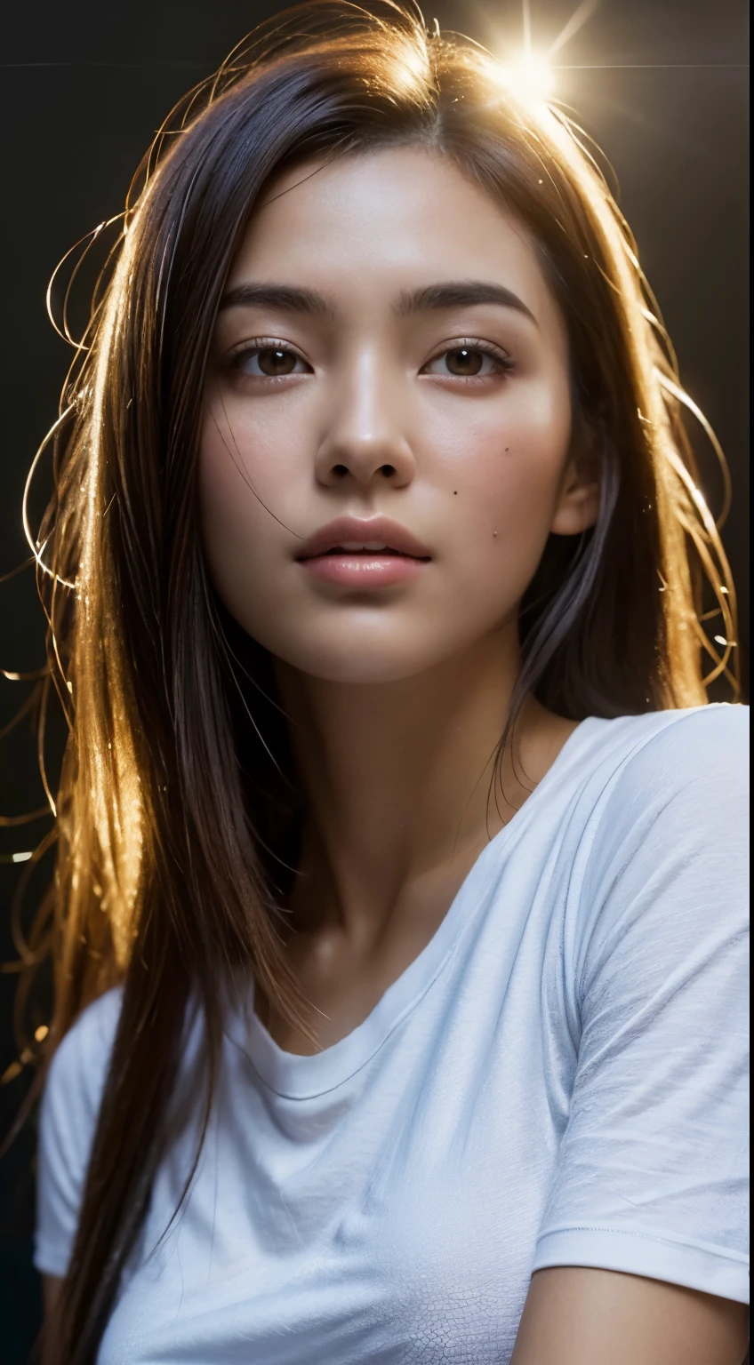 dressed, (photo realistic:1.4), (hyper realistic:1.4), (realistic:1.3), (smoother lighting:1.05), (Improve the quality of cinematic lighting:0.9), 32k, 1 girl,20 year old girl, realistic lighting, Backlight, light shines on your face, ray tracing, (bright light:1.2), (Improvement of quality:1.4), (Highest quality realistic textured skin:1.4), detailed eyes, detailed face, high quality eyes, (Tired, sleepy and satisfied:0.0), close up of face, T-shirt, (Enhance the mood of your body line:1.1), (Enhances the beauty of skin texture:1.1)guitar heroine, Let's Rock, solo singer