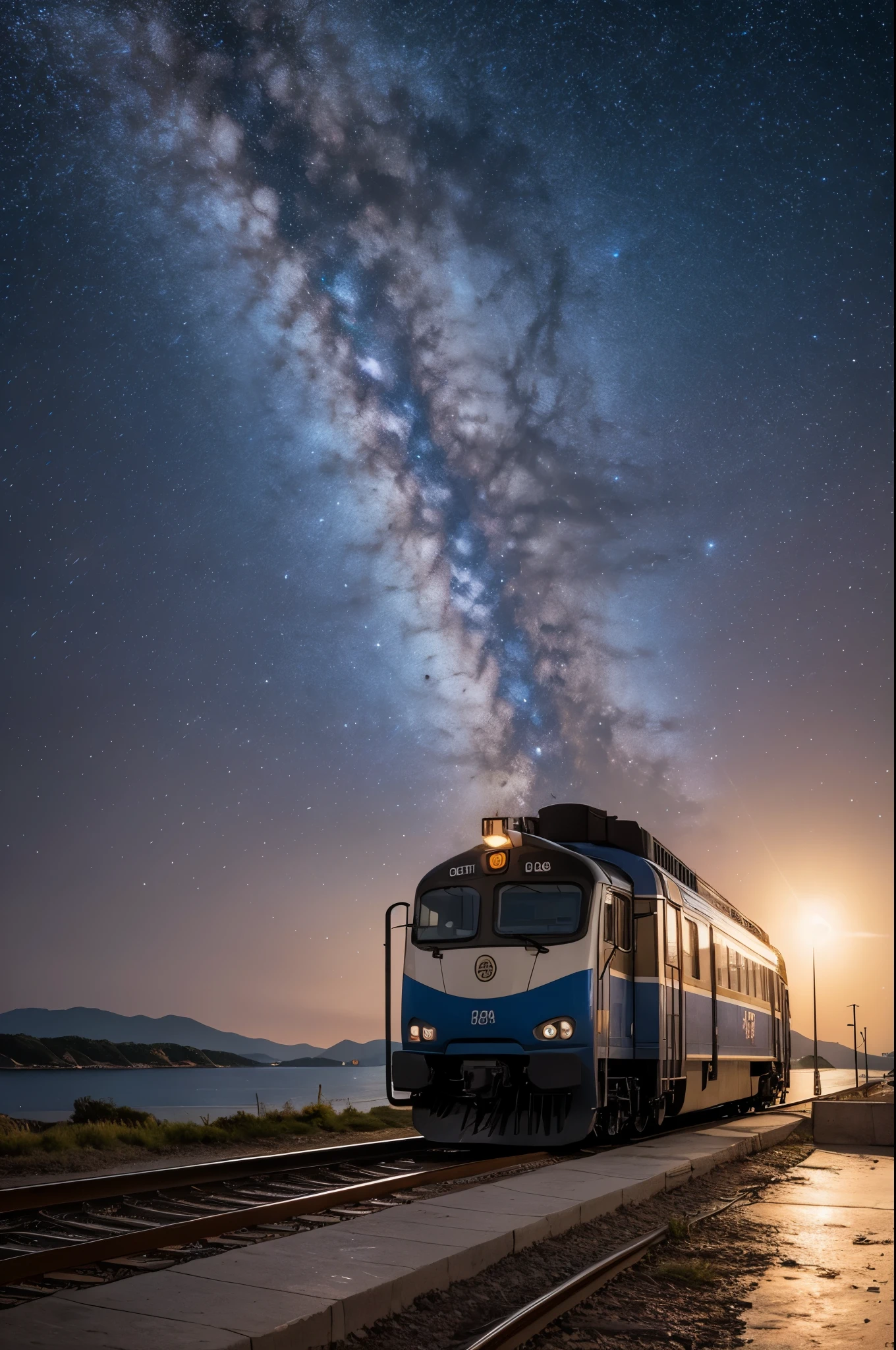 masterpiece, Cartoon train passing through body of water on rails, bright starry sky. romantic train, Xin Haicheng的图片, Colorful and bright,high saturation,high contrast, concept art, Lofi Art style, ((reflection)). author:Xin Haicheng, Lofi Art, beautiful anime scene, anime scenery, Detailed Landscape—Width 672, Xin Haicheng的风格, Xin Haicheng的风格, Enhance details.