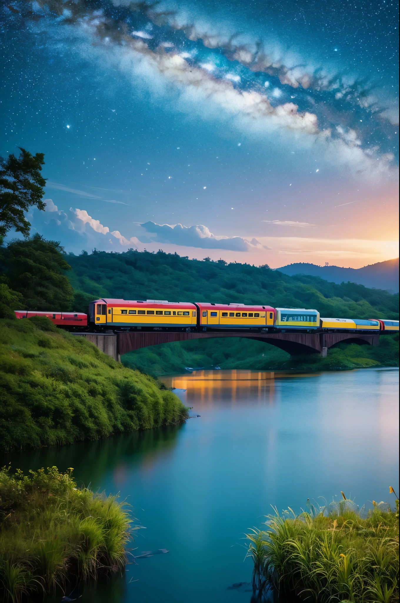 masterpiece, Cartoon train passing through body of water on rails, bright starry sky. romantic train, Xin Haicheng的图片, Colorful and bright，high saturation，high contrast, concept art, Lofi Art style, （（reflection））. author：Xin Haicheng, Lofi Art, beautiful anime scene, anime scenery, Detailed Landscape—Width 672, Xin Haicheng的风格, Xin Haicheng的风格, Enhance details.