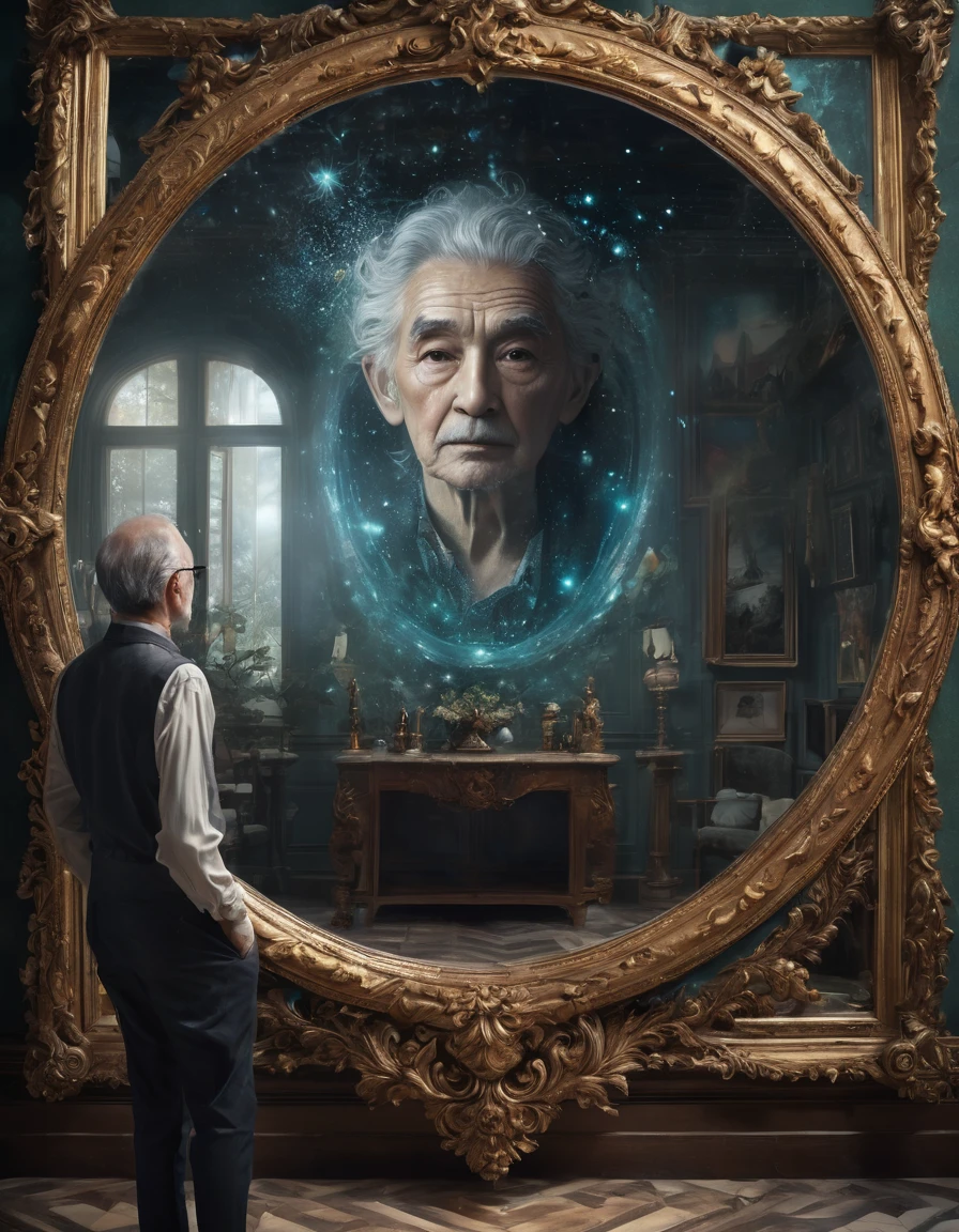 (best quality,4k,highres,masterpiece:1.2),ultra-detailed,(realistic,photorealistic,photo-realistic:1.37),medium:mirror,masterful artwork,old and young transformation, as an old man,reflection of life,giant mirror on the wall,radiant lighting,astonishing details,magical atmosphere,vibrant colors,immersive experience,precise brushstrokes,unrealistic color palette,blending of time,visual storytelling,dynamic perspective,great attention to detail,dramatic contrast,emotional impact,dreamlike surrealism,mesmerizing texture,sublime storytelling,exploration of identity,contrast of youth and old age,rich symbolism,thought-provoking composition,masterful technique,mirror as a portal,illusion of time and space,intricate facial features,magical realism,transcendent artistry,introspective mood,detailed clothing,compelling narrative,profound introspection,fantasy-like transformation,deep reflection,beautifully rendered scenery,hauntingly beautiful aesthetic,dreamy color scheme,illusion of depth and dimension,exquisite use of light and shadow.