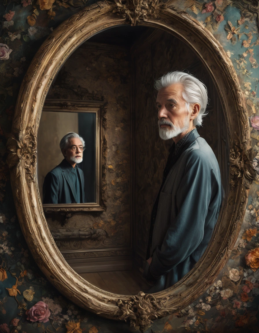 (best quality,4k,highres,masterpiece:1.2),ultra-detailed,(realistic,photorealistic,photo-realistic:1.37),medium:mirror,masterful artwork,old and young transformation, as an old man,reflection of life,giant mirror on the wall,radiant lighting,astonishing details,magical atmosphere,vibrant colors,immersive experience,precise brushstrokes,unrealistic color palette,blending of time,visual storytelling,dynamic perspective,great attention to detail,dramatic contrast,emotional impact,dreamlike surrealism,mesmerizing texture,sublime storytelling,exploration of identity,contrast of youth and old age,rich symbolism,thought-provoking composition,masterful technique,mirror as a portal,illusion of time and space,intricate facial features,magical realism,transcendent artistry,introspective mood,detailed clothing,compelling narrative,profound introspection,fantasy-like transformation,deep reflection,beautifully rendered scenery,hauntingly beautiful aesthetic,dreamy color scheme,illusion of depth and dimension,exquisite use of light and shadow.