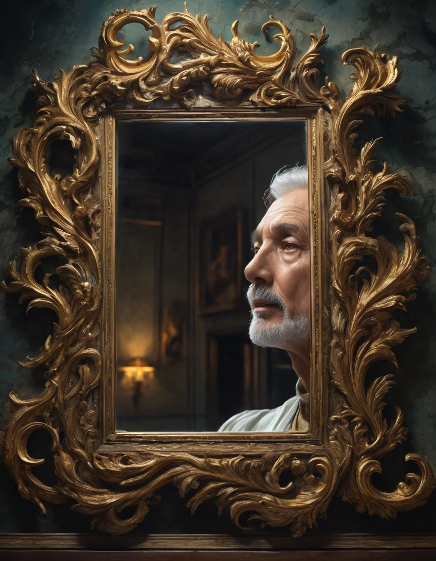 (best quality,4k,highres,masterpiece:1.2),ultra-detailed,(realistic,photorealistic,photo-realistic:1.37),medium:mirror,masterful artwork,old and young transformation, as an old man,reflection of life,giant mirror on the wall,radiant lighting,astonishing details,magical atmosphere,vibrant colors,immersive experience,precise brushstrokes,unrealistic color palette,blending of time,visual storytelling,dynamic perspective,great attention to detail,dramatic contrast,emotional impact,dreamlike surrealism,mesmerizing texture,sublime storytelling,exploration of identity,contrast of youth and old age,rich symbolism,thought-provoking composition,masterful technique,mirror as a portal,illusion of time and space,intricate facial features,magical realism,transcendent artistry,introspective mood,detailed clothing,compelling narrative,profound introspection,fantasy-like transformation,deep reflection,beautifully rendered scenery,hauntingly beautiful aesthetic,dreamy color scheme,illusion of depth and dimension,exquisite use of light and shadow.