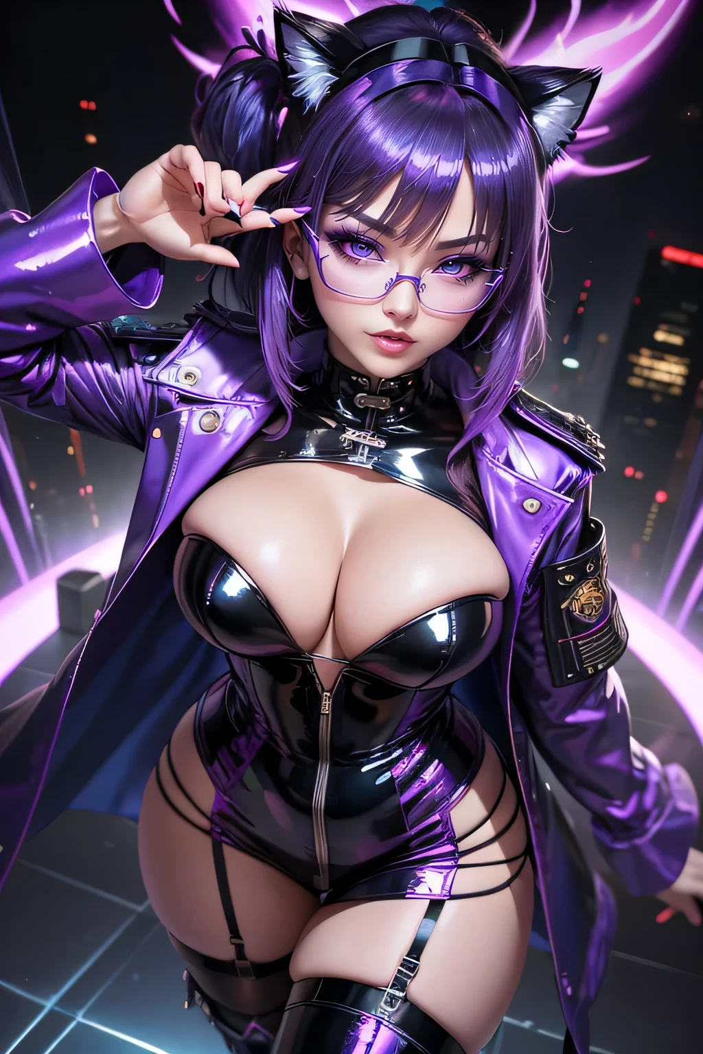 chinese idol mature woman purple hair with bangs ((Glasses)) Big breasts and cleavage are in close contact black eyeshadow bewitching flashy makeup ((ネオン輝くcyber punkな派手な夜景)) ((Super glossy metallic enamel coat military uniform)) ((Super shiny blue metallic enamel knee high boots)) Tight miniskirt and garter belt purple fishnet stockings masterpiece 8K cyber punk Electric Punk Purple Lightning