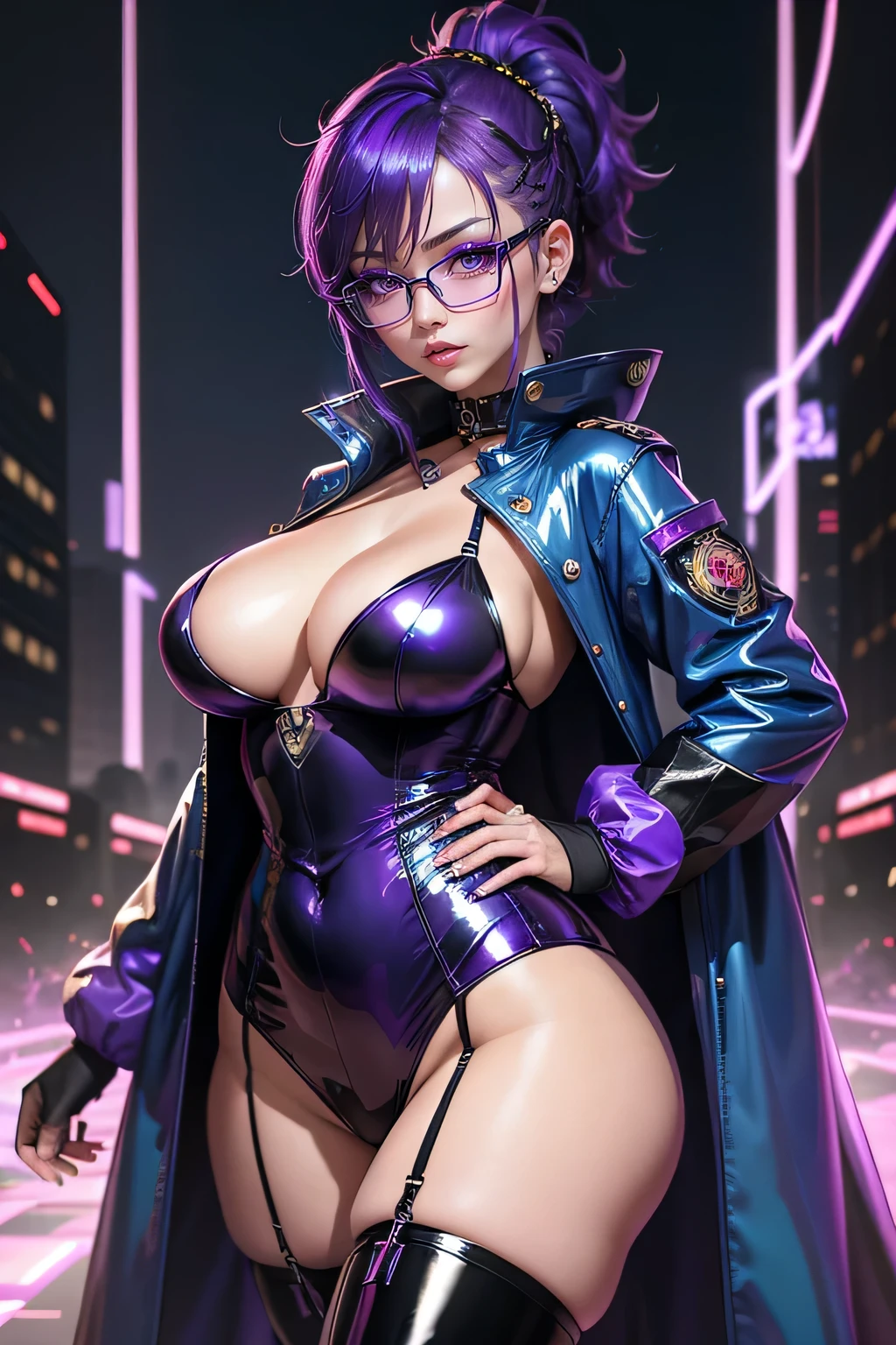 chinese idol mature woman purple hair with bangs ((Glasses)) Big breasts and cleavage are in close contact black eyeshadow bewitching flashy makeup ((ネオン輝くcyber punkな派手な夜景)) ((Super glossy metallic enamel long coat military uniform)) ((Super shiny blue metallic enamel knee high boots)) Tight miniskirt and garter belt purple fishnet stockings masterpiece 8K cyber punk Electric Punk Battlefield Purple Lightning