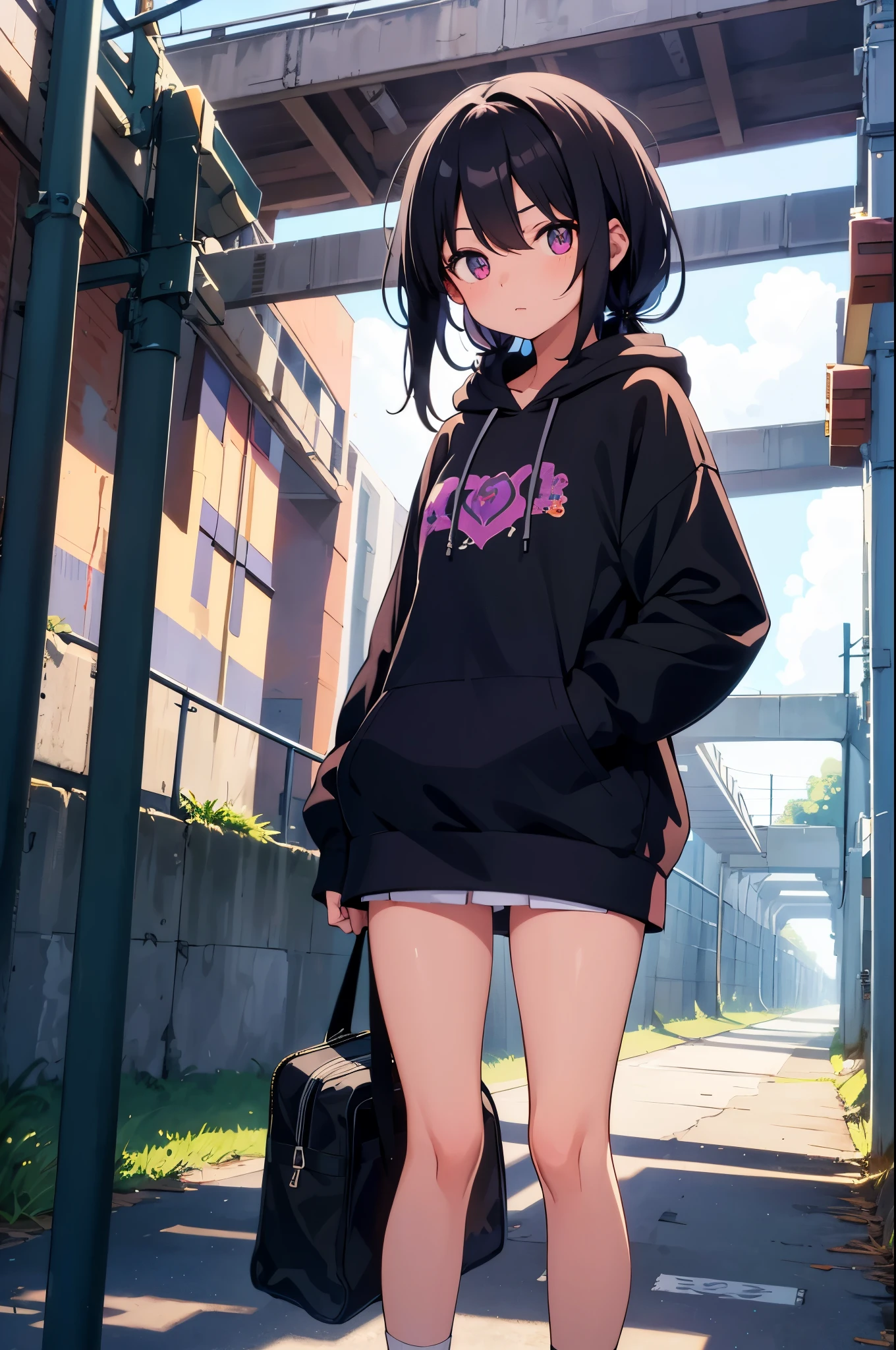 Under the dimly lit bridge under the viaduct elementary school girl 8-year-old flat chest black hair long hair eyes are purple ((1 person)) black hoodie with upper body hood Lower body white miniskirt((white panties)) black socks sneakers Are standing fluttering hair dynamic angle Low angle from the front