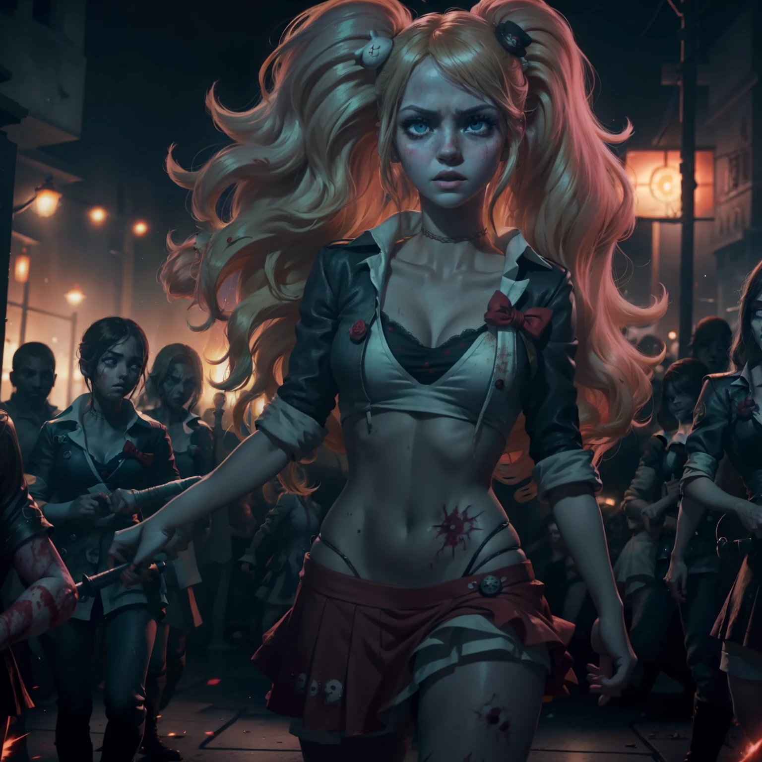 (finely detailed beautiful eyes and detailed zombie face,masterpiece sidelighting,masterpiece,best quality,detailed,high resolution illustration),, (1 depraved girl,whole body,sundress,lustrous skin,looking down,looking at viewer),, (yellow hair,blue eyes,ribbon, sheer clothes), (clothed_underbust:1.2),underboob