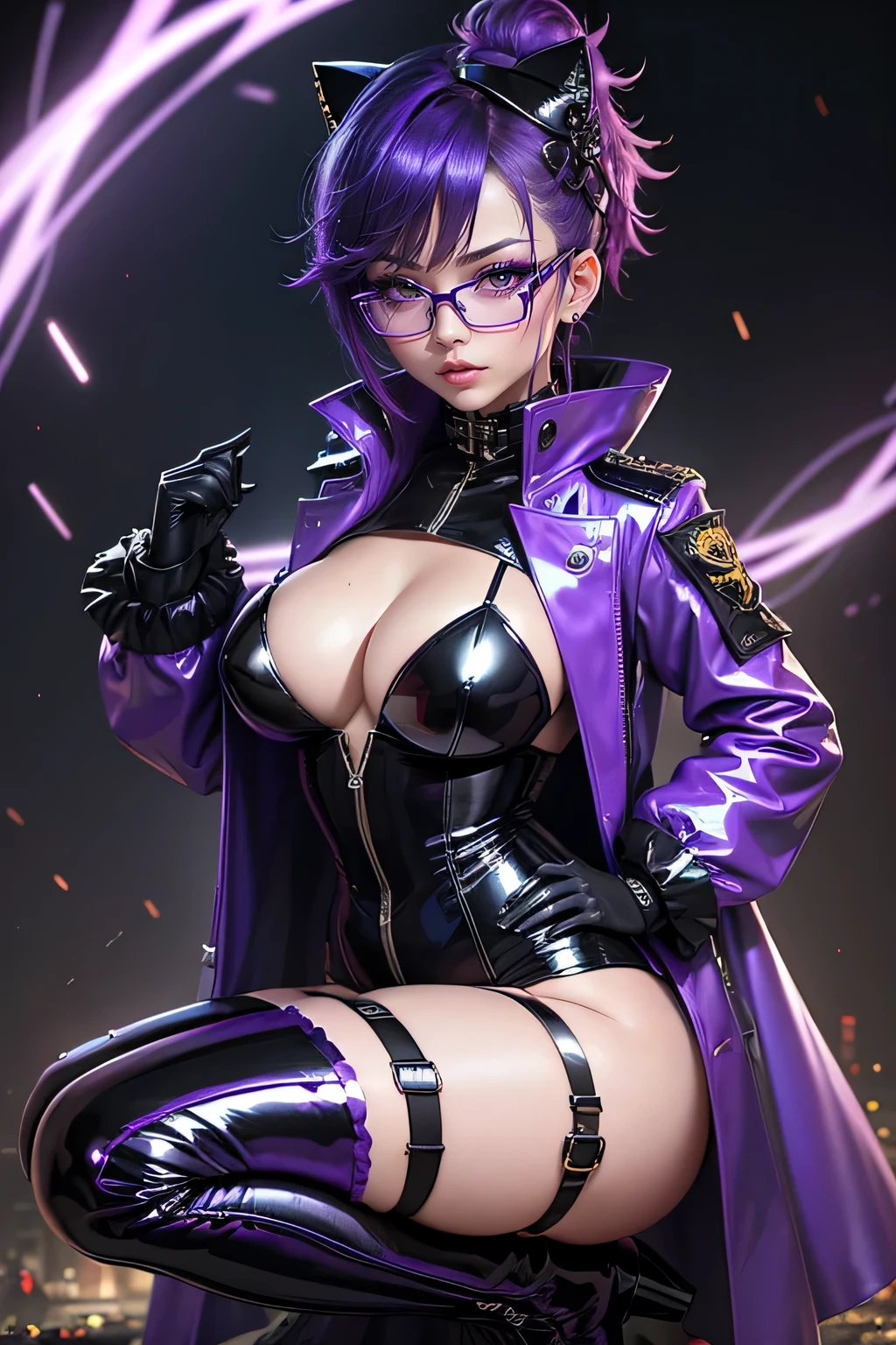 chinese idol mature woman purple hair with bangs ((Glasses)) Big breasts and cleavage are in close contact black eyeshadow bewitching flashy makeup ((ネオン輝くcyber punkな派手な夜景)) ((Super glossy metallic enamel long coat with military uniform medal)) ((Super shiny blue metallic enamel knee high boots)) Tight miniskirt garter belt masterpiece 8K cyber punk Electric Punk Battlefield Purple Lightning