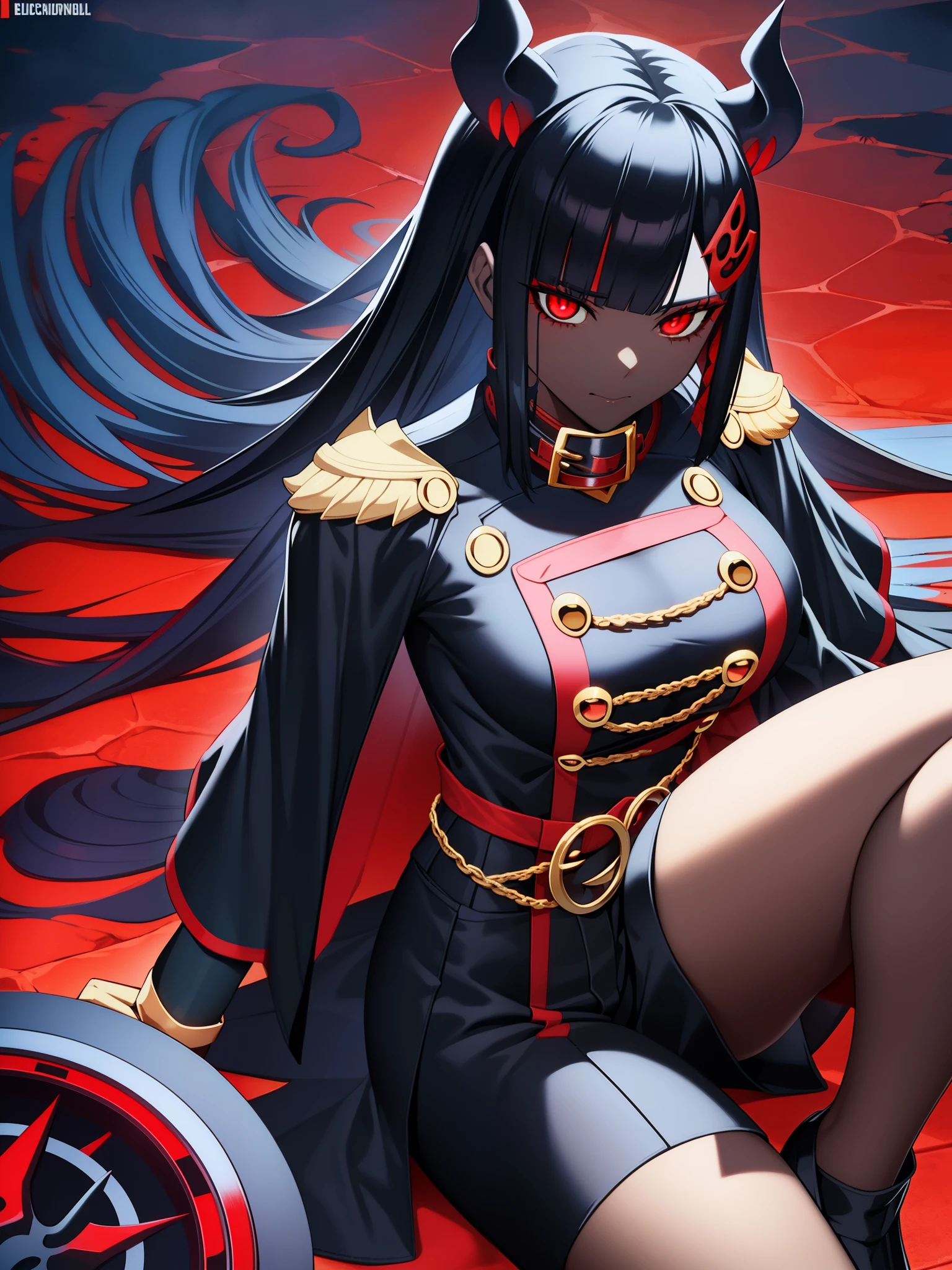 Hellhound, monster girl encyclopedia, black skin, black sclera, red eyes