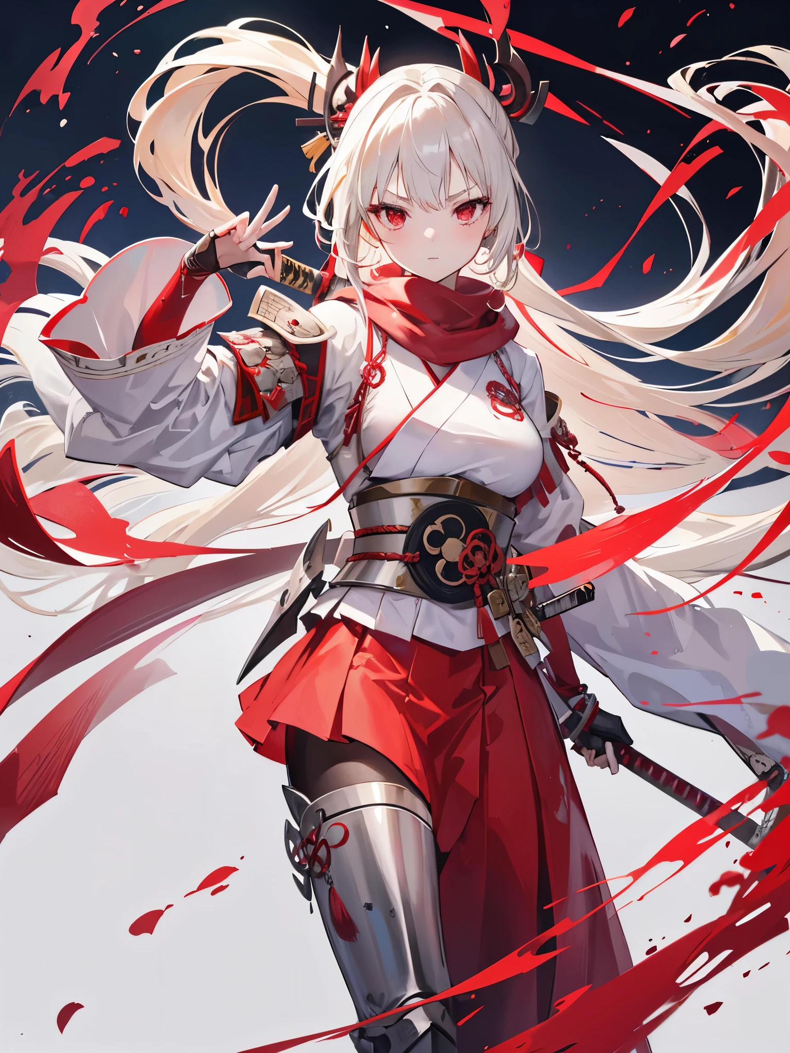 1girl, long blonde gray hair, red eyes, long white and red kimono, holding an unsheathed katana, samurai top armor, armor plated longskirt, long red scarf, fightingplose, anatomically correct hands, high res, absurdres, ultrasharp, 8K, masterpiece, correctly holding sword