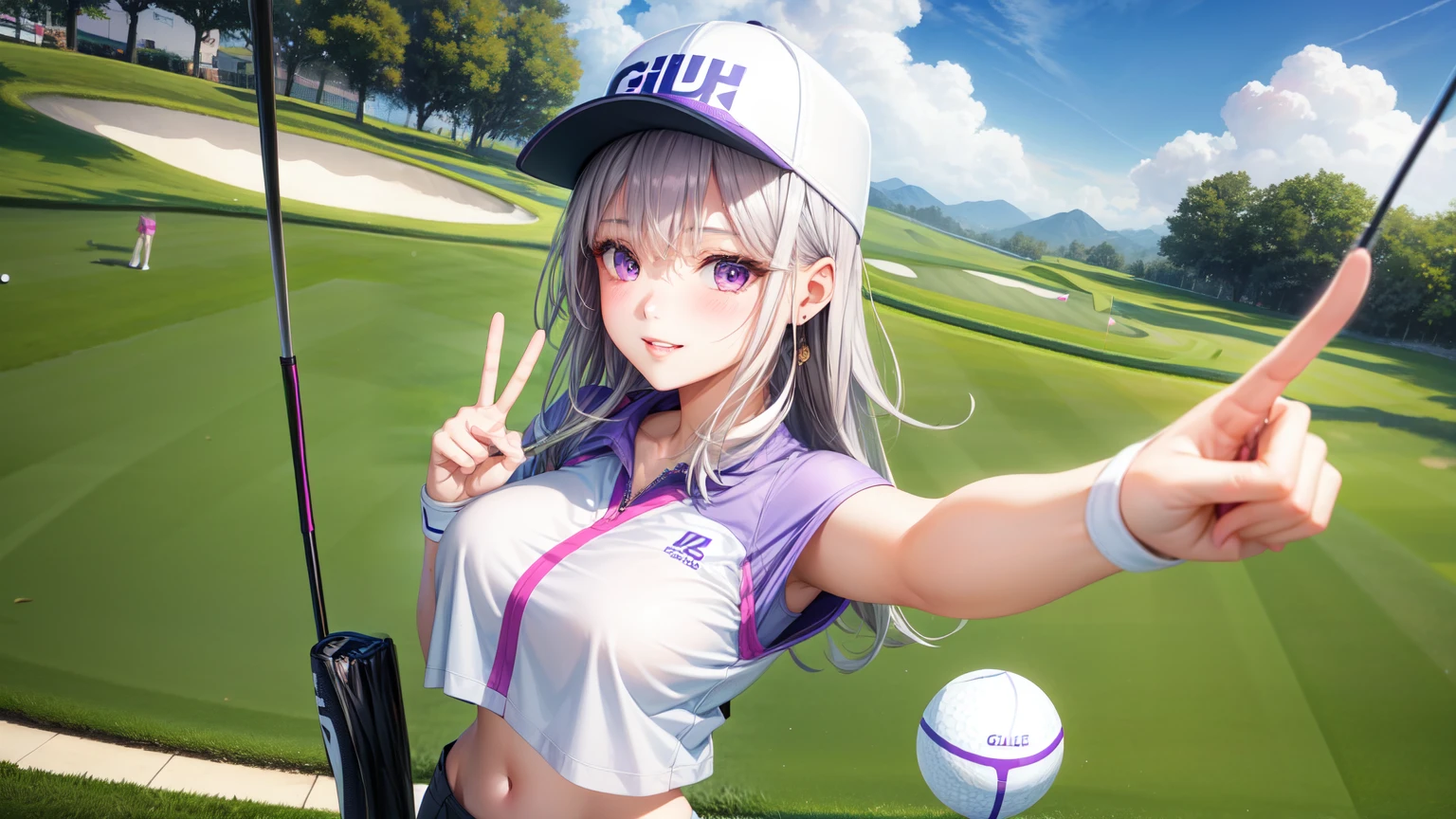 realistic, 1 real girl, gray hair, purple eyes, shining eyes, crop top, skirt, parted lips, blush, night, flowers, sun, sunlight,Have a golf swing、golf woman with big 、peace sign、Have golf clubs、smile、Swinging a golf driver、I can see the pants、A figure playing golf with a putter