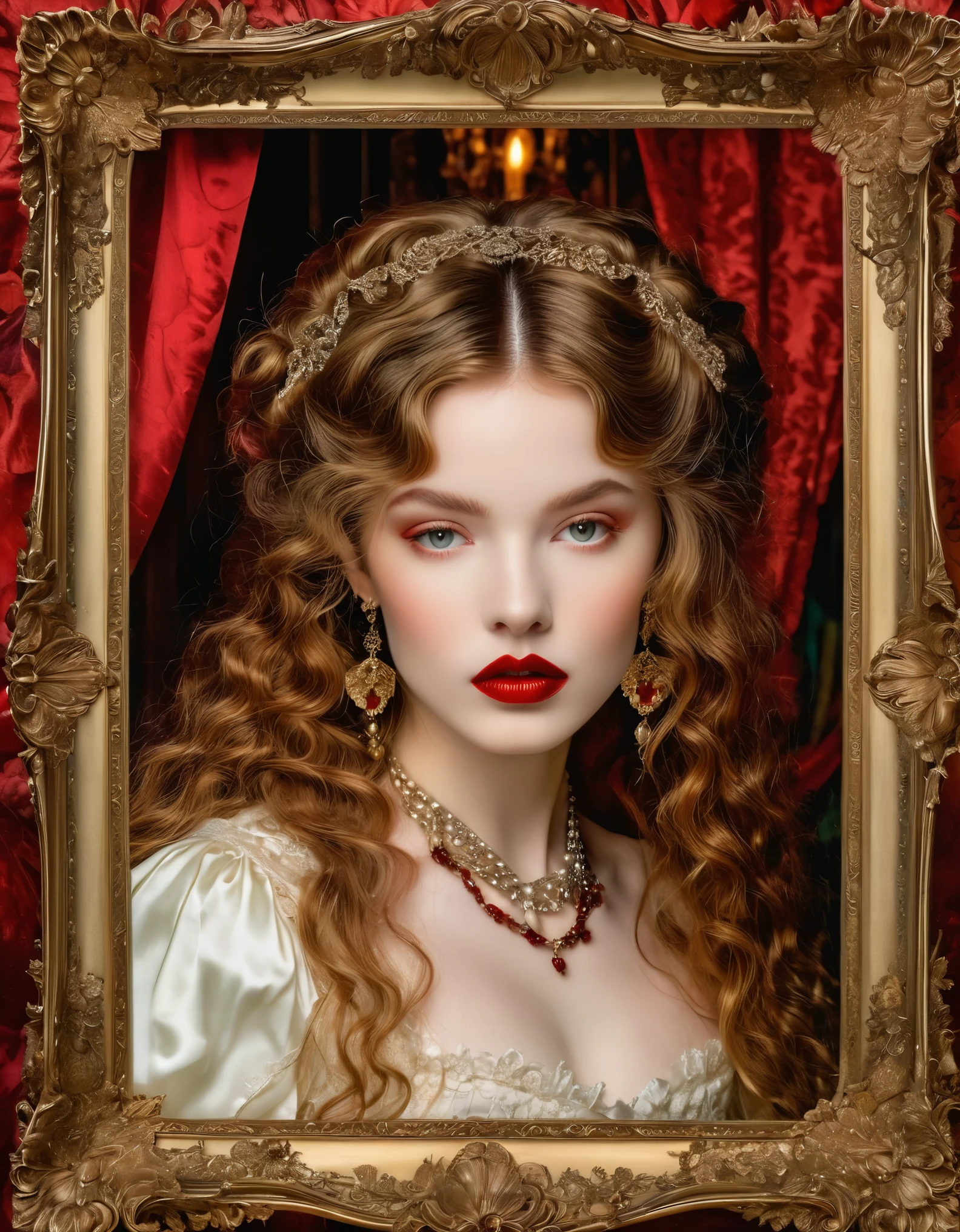 A seductive temptress with porcelain skin and blood-red lips, framed by the opulent trappings of a Victorian parlor. Inspired by Pre-Raphaelite art, her form is ethereal and romantic, with flowing locks and delicate features that evoke the beauty of a bygone era.