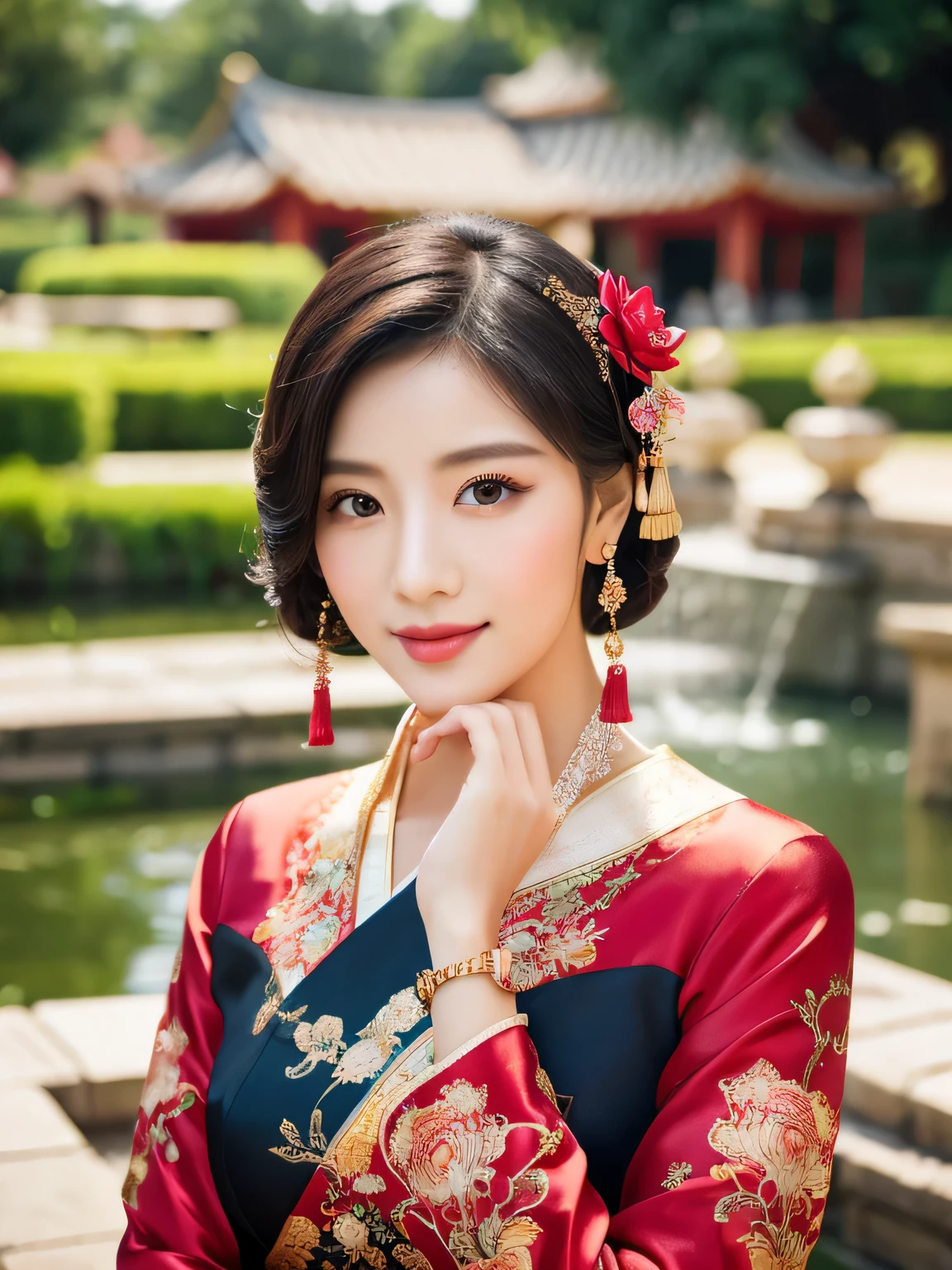 beautiful detailed eyes,beautiful detailed lips,red qipao,traditional chinese dress,elegant,graceful,Chinese lady,black hair,bob hairstyle,flowing hair,slightly smiling,posing gracefully,standing in a traditional garden,lotus pond,ornamental bridge,beautiful flowers,bright colors,detailed embroidery,soft silk fabric,traditional accessories,lotus hairpin,golden bracelet,classic beauty,subtle makeup,subdued lighting,traditional lanterns,serene atmosphere,portrait,professional,highres,vivid colors,bokeh
