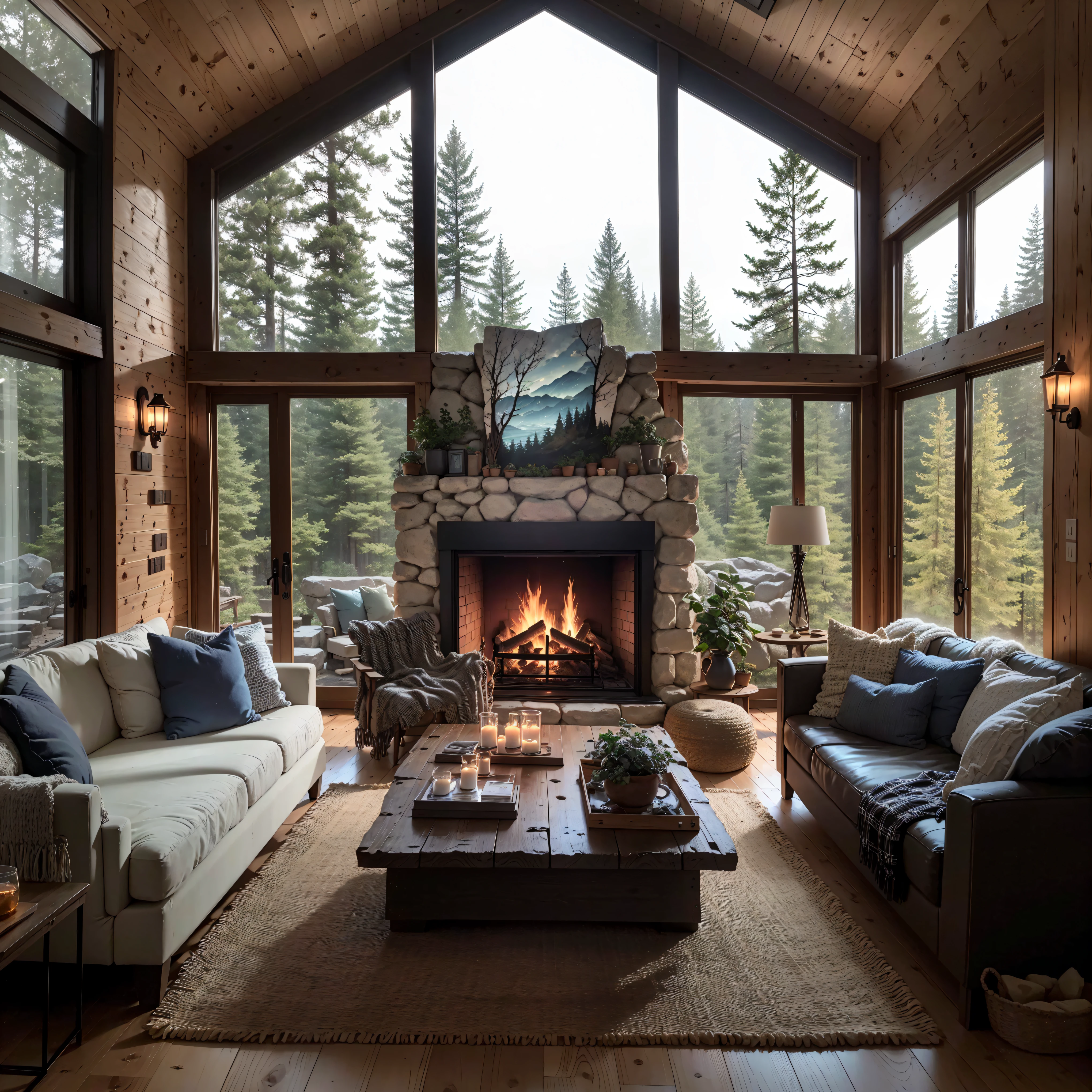 THIS EVENING WOODEN CABIN LIVING ROOM ANIME BACKGROUND, (COZY ATMOSPHERE), (SUBTLE LIGHTING), BRIGHT STONE FIREPLACE FIRE, LIONSKIN RUG THIS EVENING BEST QUALITY, TRANSPARENT GLASS WINDOWS