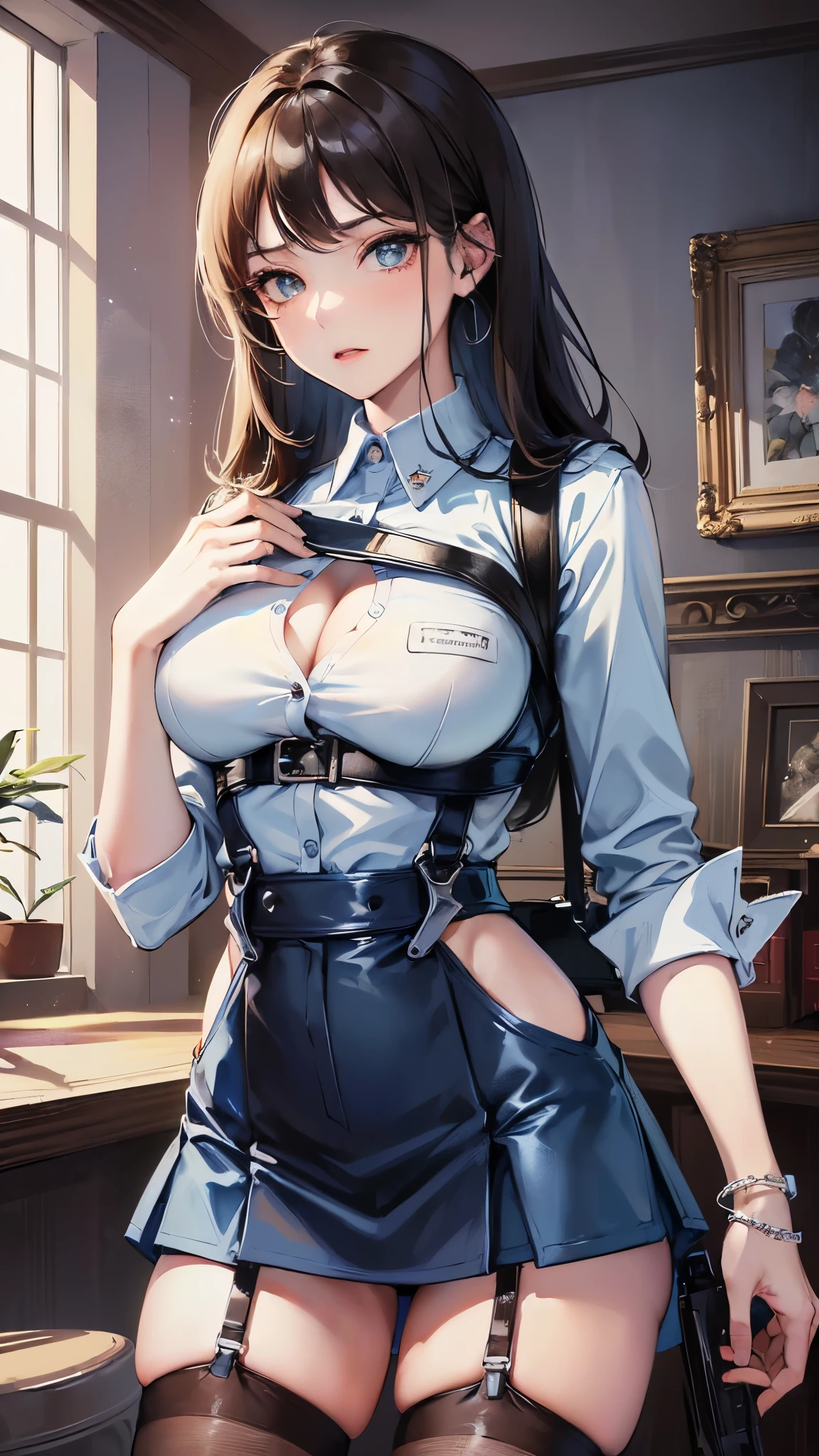 ((highest quality)),(ultra high resolution),(Super detailed),(detailed description),((best CG)),(best work of art),super precision art,amazing drawing art,(Art with precise details:1.5), (1 female policeman:1.6),(serious:1.4),(Light blue shirt:1.6),(Big breasts highlighted with a harness:1.5),(tight mini skirt:1.5)