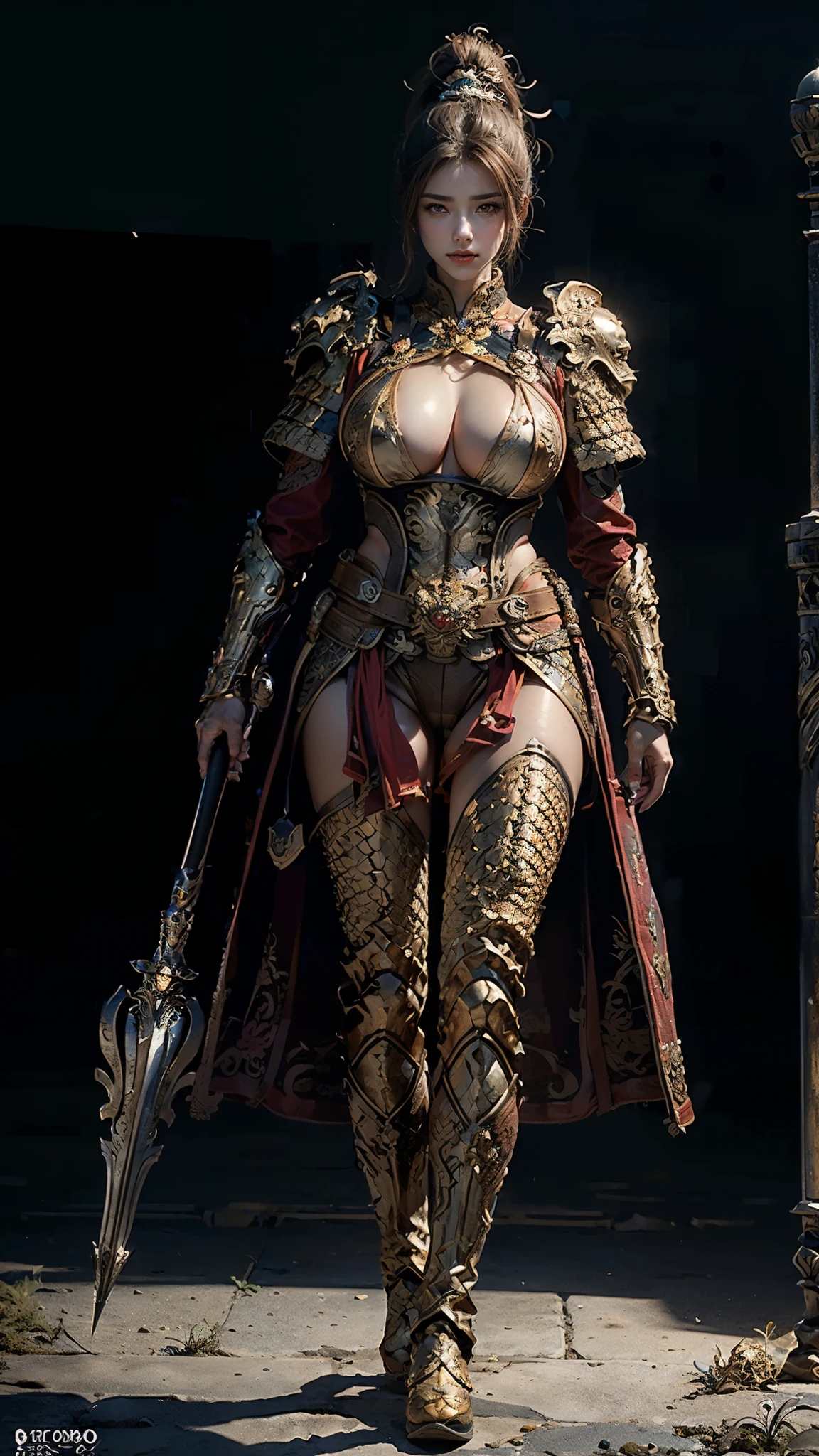 masterpiece，high resolution,Absolutely a beautiful woman，Holding a gorgeous spear，Eastern Warrior，a mature woman，，Delicate eyes and delicate face，High and tall，she wears armor，full coverage of armor，Armor pants，Armor boots，Show off your armor and iron boots、、Deco，general， lure：（High：1.4），arrogant，Mature temperament，（wide hips：1.4），（Thick thighs：1.4），Majesty，Rich scene details，in the midst of war，standing，action，((8k+超high resolution+ultra high definition+masterpiece+detailed)),(perfect face+supermodel+Delicate skin+high ponytail+huge breasts),[[[muscle]]],(((Anatomically correct))) ,