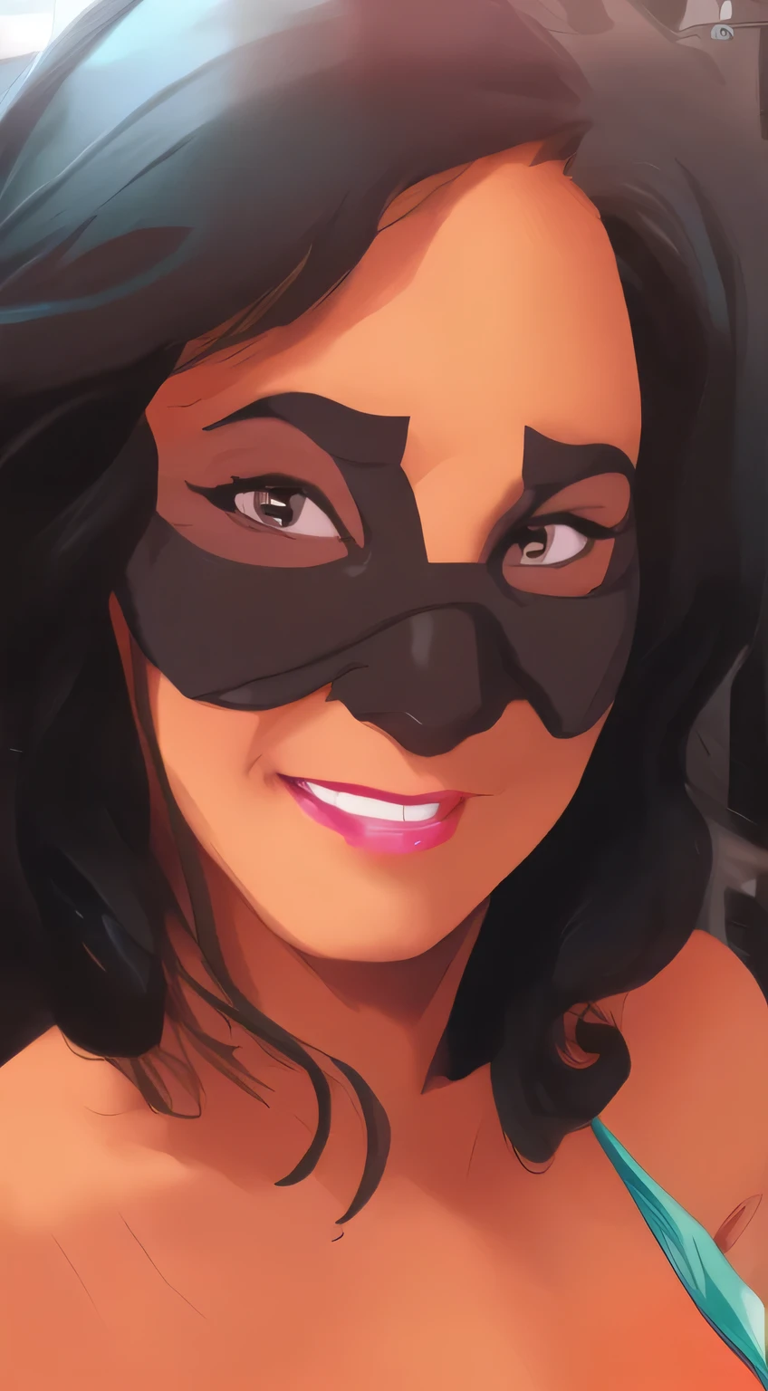 ((close-up, eye mask)), a 40yo woman ((shoulder-length black hair, brown_eyes):1.1), ((wearing black bikini)), ((Eye Mask):1.3), in a pool, (masterpiece, best quality:1.2), photorealistic, HDR, 4K, 8K, 16K
