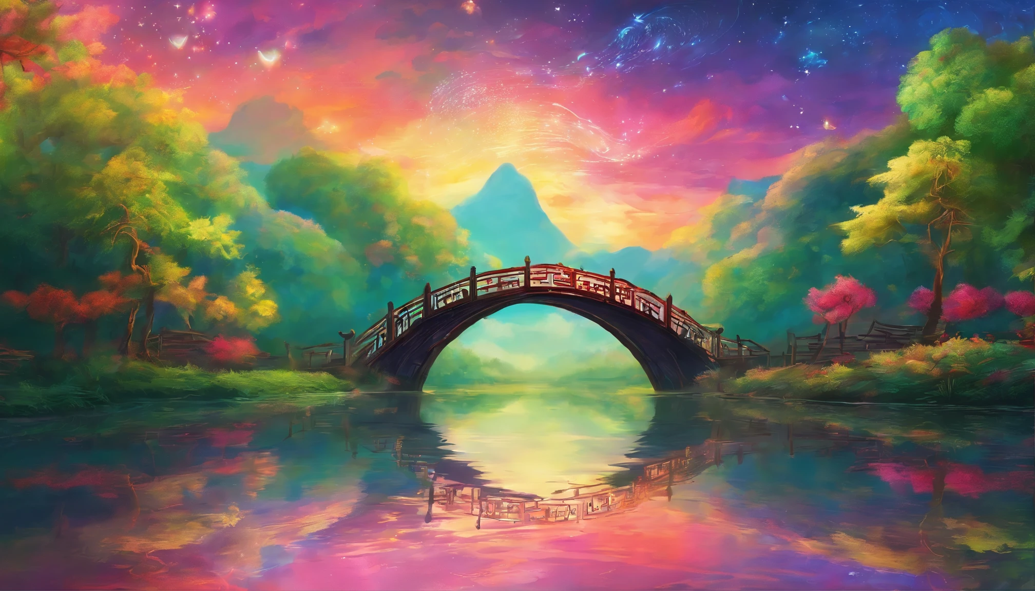 masterpiece, 动漫Chinese arch bridge跨过河流的水体, bright starry sky. Chinese arch bridge, Xin Haicheng的图片, Colorful and bright,high saturation,high contrast, concept art, Lofi Art style, ((reflection)). author:Xin Haicheng, Lofi Art, beautiful anime scene, anime scenery, Detailed Landscape—Width 672, Xin Haicheng的风格, Xin Haicheng的风格, Enhance details.