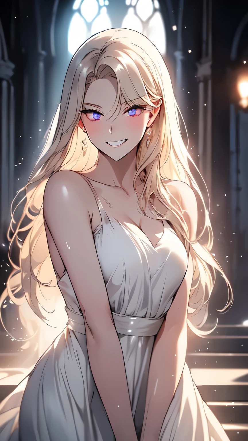(high quality, High resolution, small details), (midnight:1.3), (dark background:1.3), white dress, ghost-like figure, fog garden, unforgettably beautiful, fantastic lighting, soft pastel colors, alone, curvaceous woman, blonde, (pale shining eyes:1.5), (fine eyes:1.2), grin and laugh, Sweat, oily skin, shallow depth of field