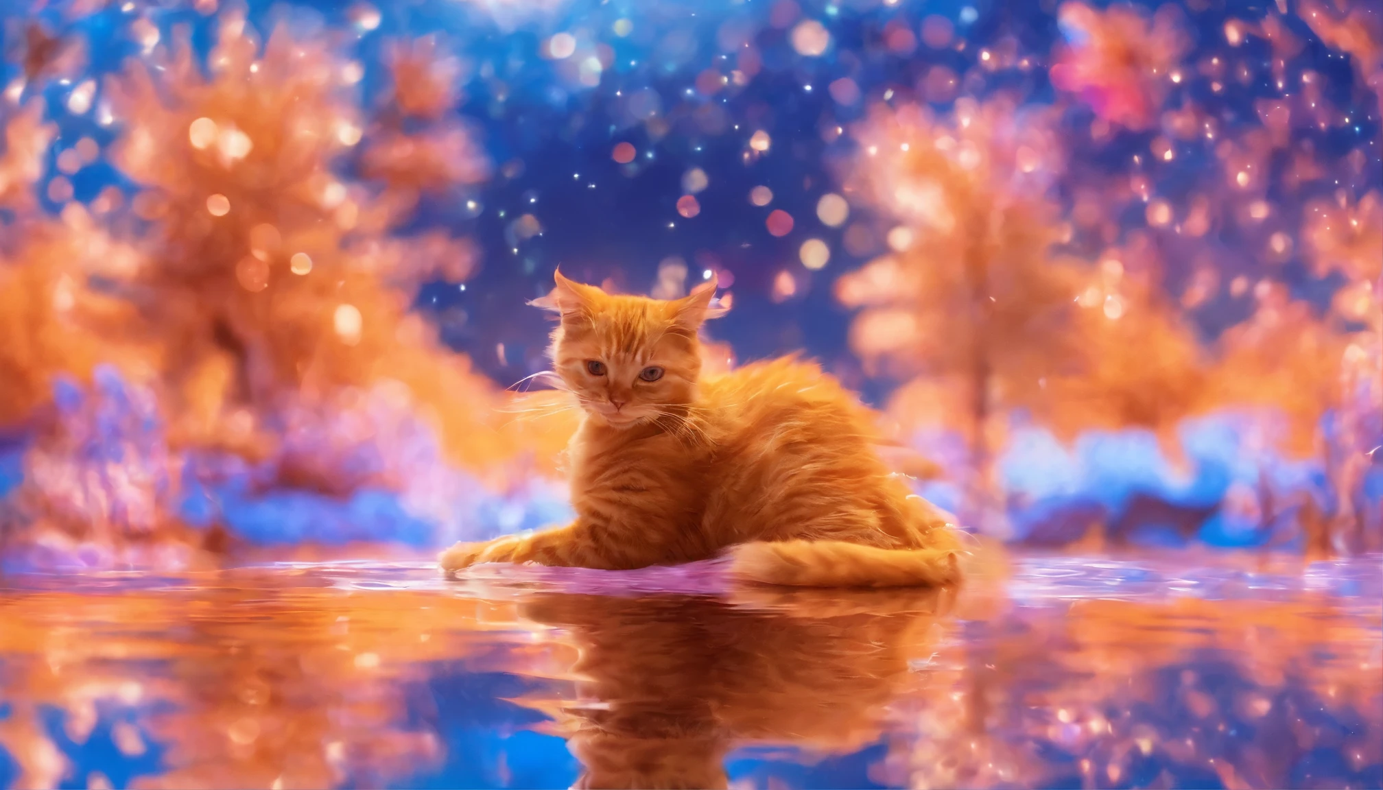 Q version little orange cat, water,reflection,reflection,Silly cute, Look at me, luxurious, surreal, Super fine, 16K resolution, masterpiece, macro lens,