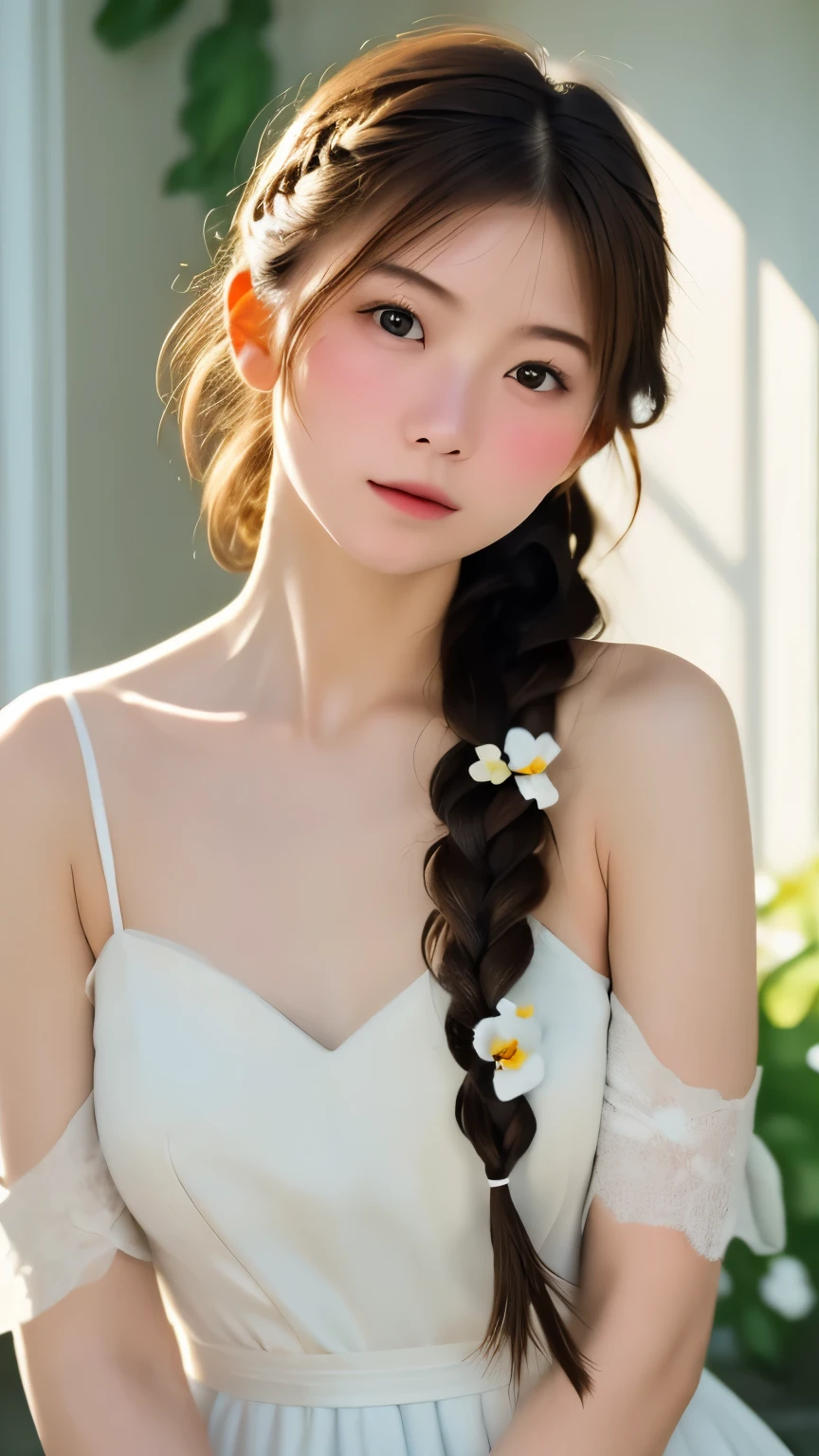 realistic, High resolution, soft light,1 female, 16Year、、Japanese、alone, waist rises higher, glowing skin, (detailed face),jewelry, brown hair,french braid、white_dress、お洒落なdress、flower garden,(dynamic angle:1.1),wonderful,Soft and warm color palette, delicate brushstrokes, Targeted use of light and shadow, wide shot,The deliciousness of wilted flowers,high contrast,color contrast,Masseter muscle part:1.3